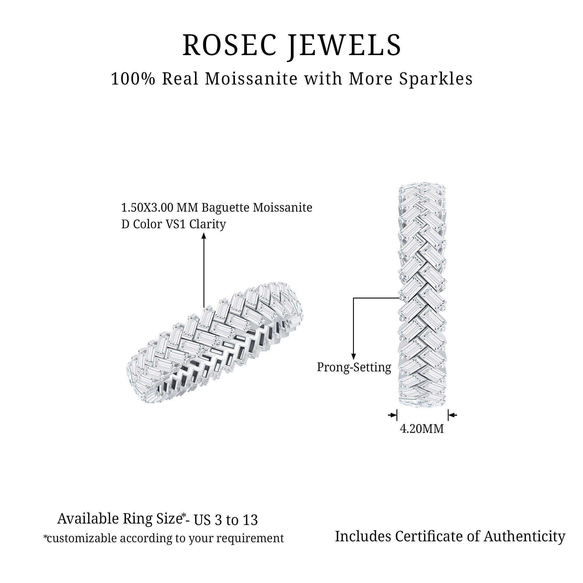 Baguette Cut Moissanite Eternity Band Ring D-VS1 - Rosec Jewels