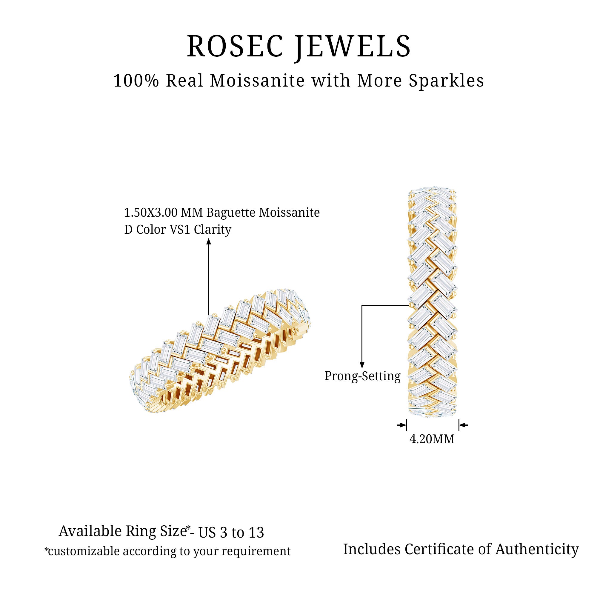 Baguette Cut Moissanite Eternity Band Ring D-VS1 - Rosec Jewels