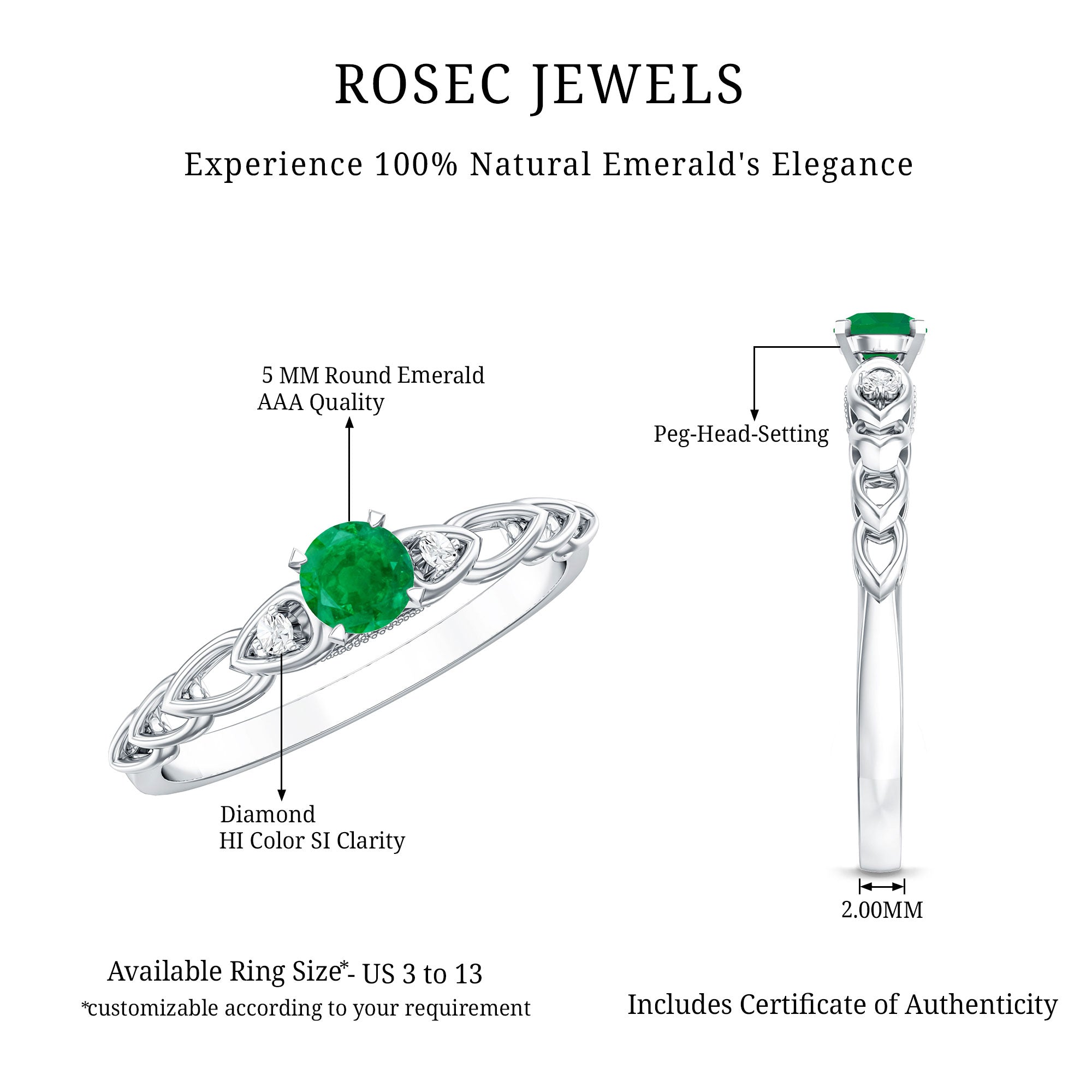 Genuine Emerald and Diamond Designer Promise Ring AAA - Rosec Jewels