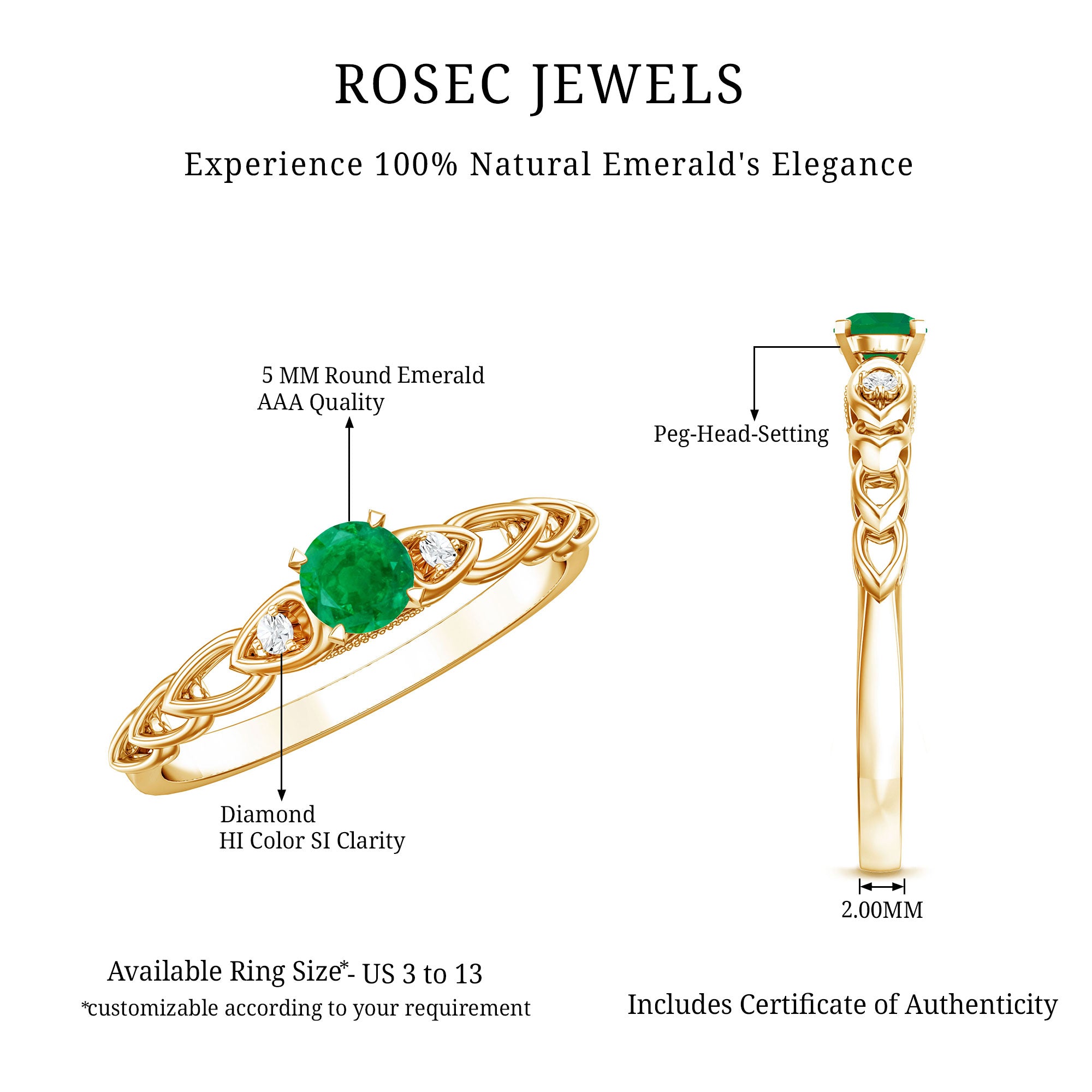 Genuine Emerald and Diamond Designer Promise Ring AAA - Rosec Jewels