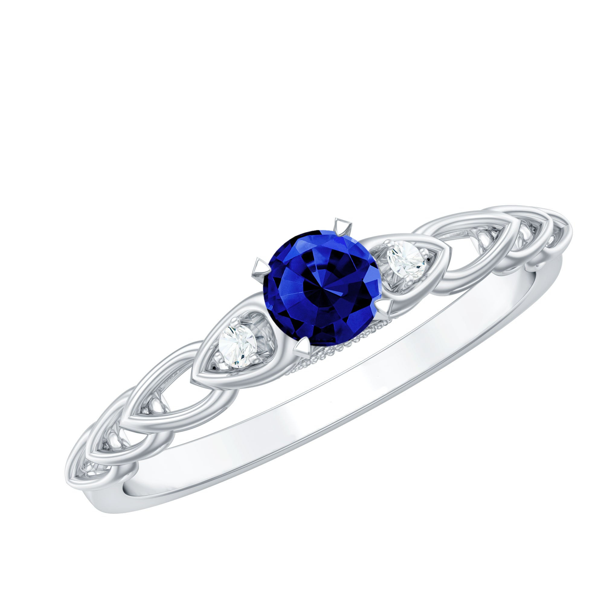Round Created Blue Sapphire and Diamond Designer Promise Ring