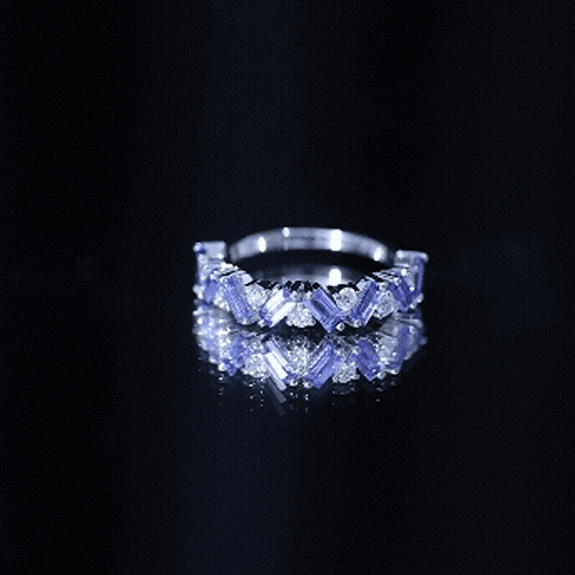 Baguette Cut Tanzanite and Diamond Half Eternity Stackable Ring AAA 92.5 Sterling Silver - Rosec Jewels