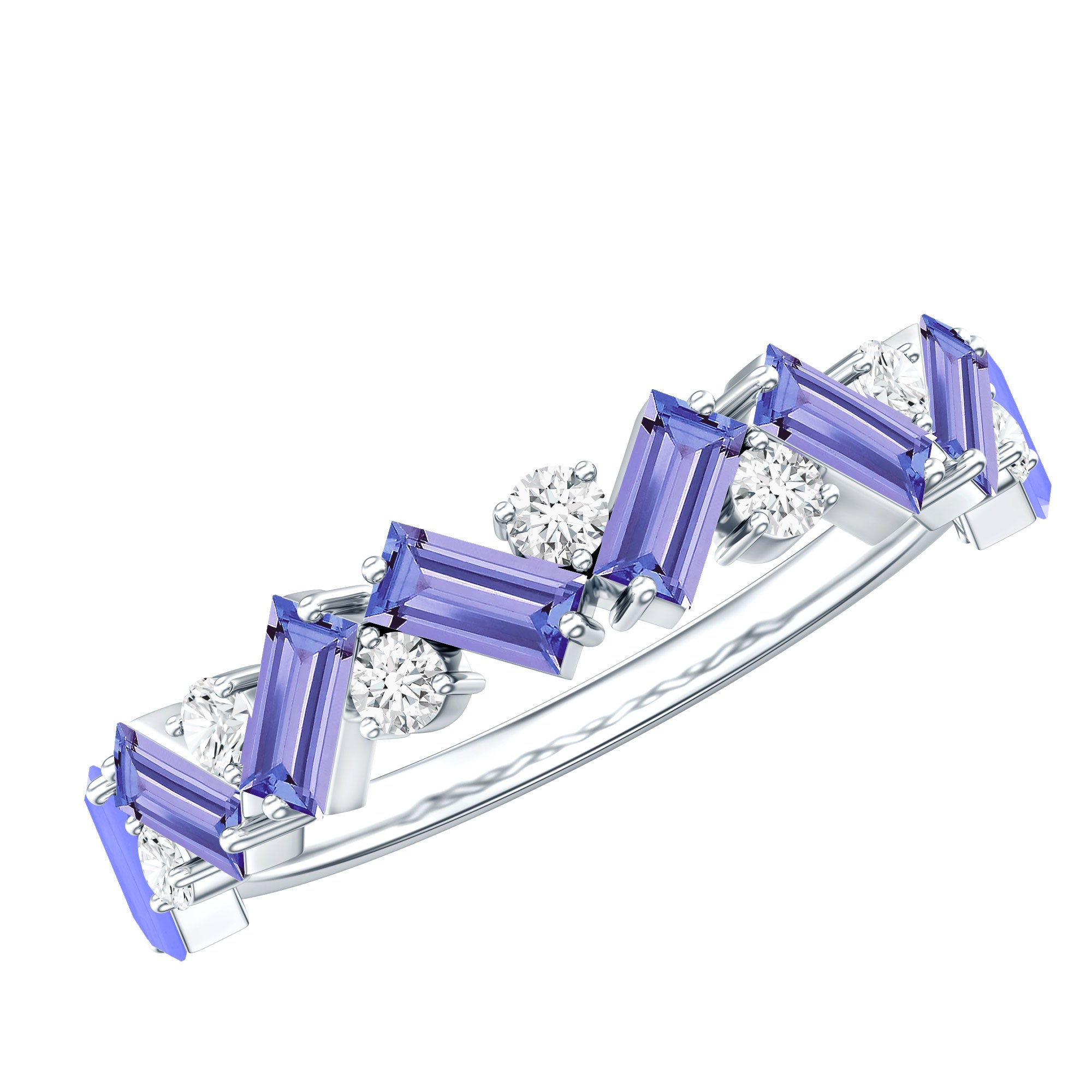 Baguette Cut Tanzanite and Diamond Half Eternity Stackable Ring AAA 92.5 Sterling Silver - Rosec Jewels