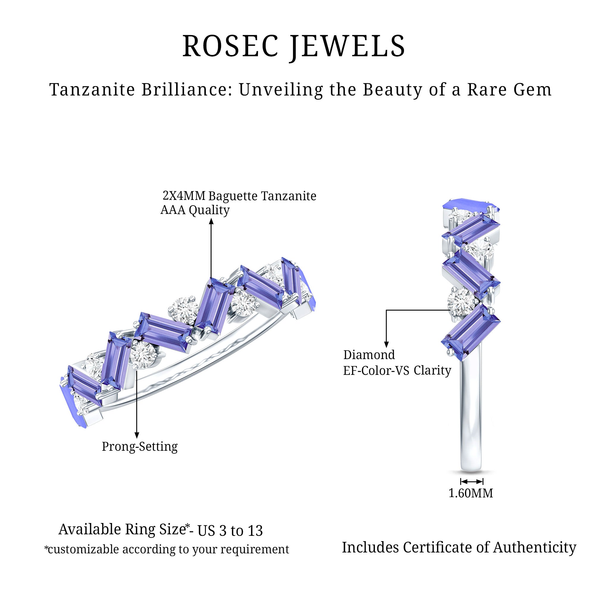 Baguette Cut Tanzanite and Diamond Half Eternity Stackable Ring AAA 92.5 Sterling Silver - Rosec Jewels
