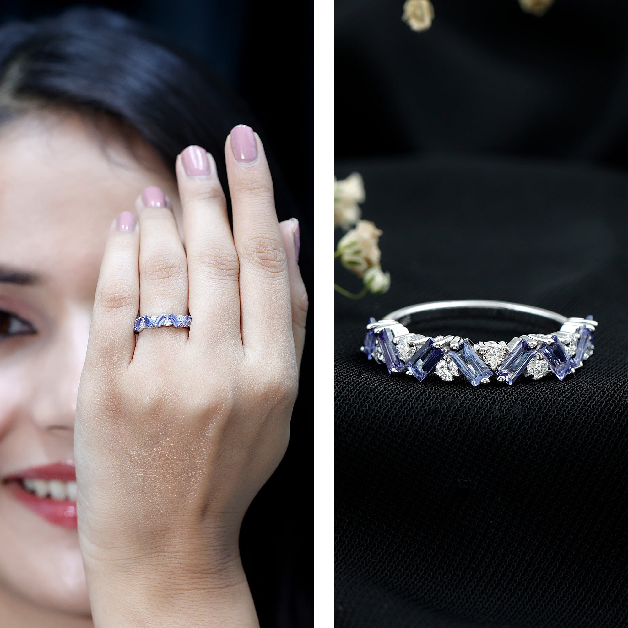 Baguette Cut Tanzanite and Diamond Half Eternity Stackable Ring AAA 92.5 Sterling Silver - Rosec Jewels