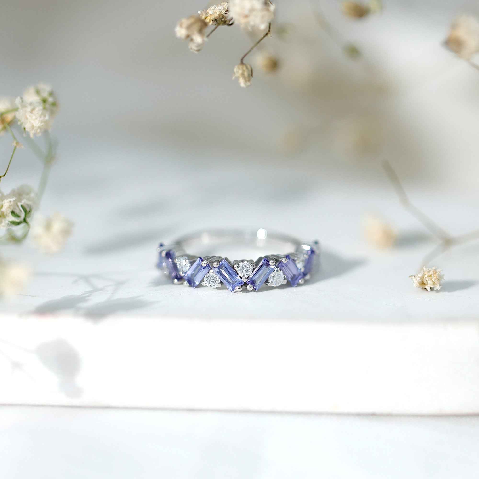 Baguette Cut Tanzanite and Diamond Half Eternity Stackable Ring AAA 92.5 Sterling Silver - Rosec Jewels
