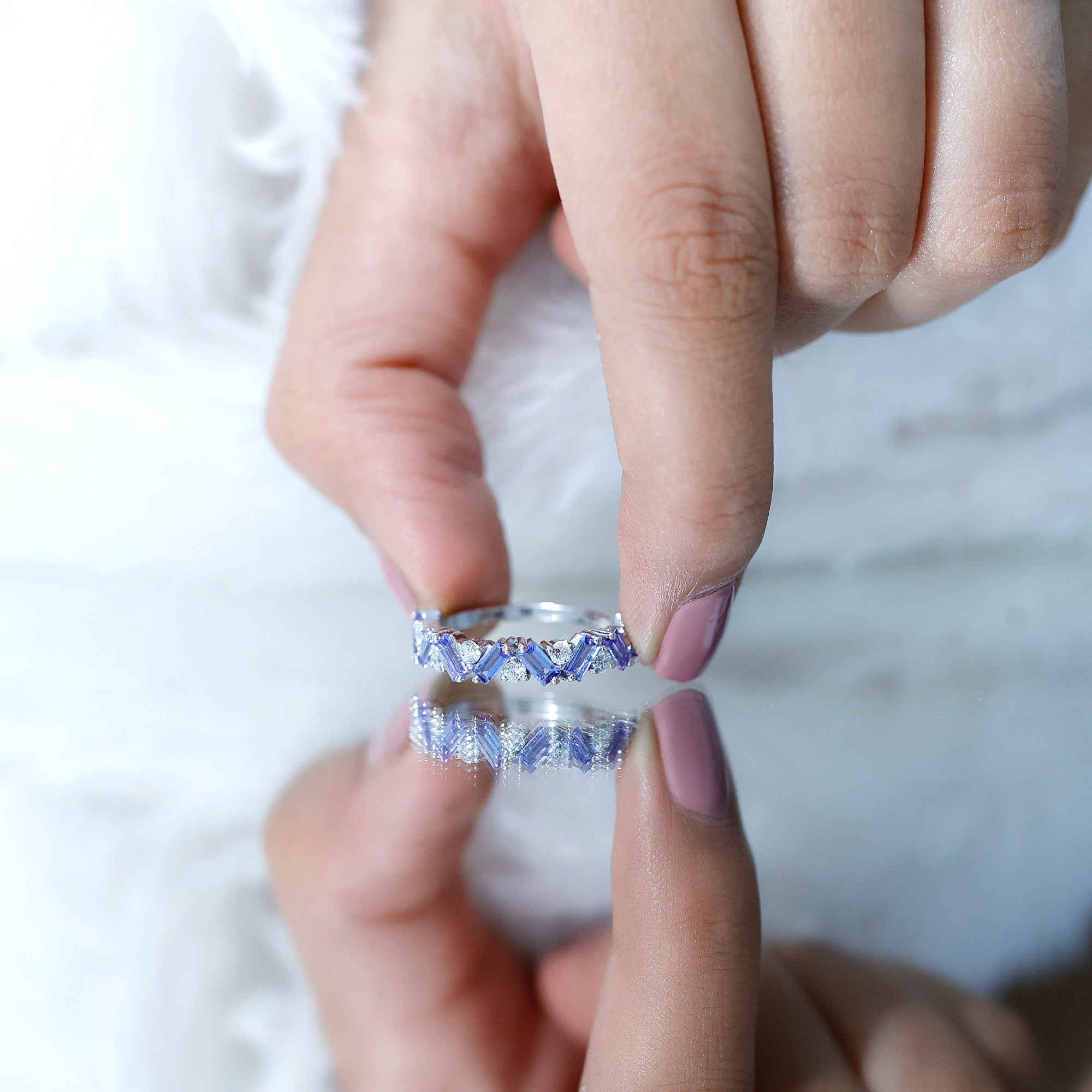 Baguette Cut Tanzanite and Diamond Half Eternity Stackable Ring AAA 92.5 Sterling Silver - Rosec Jewels