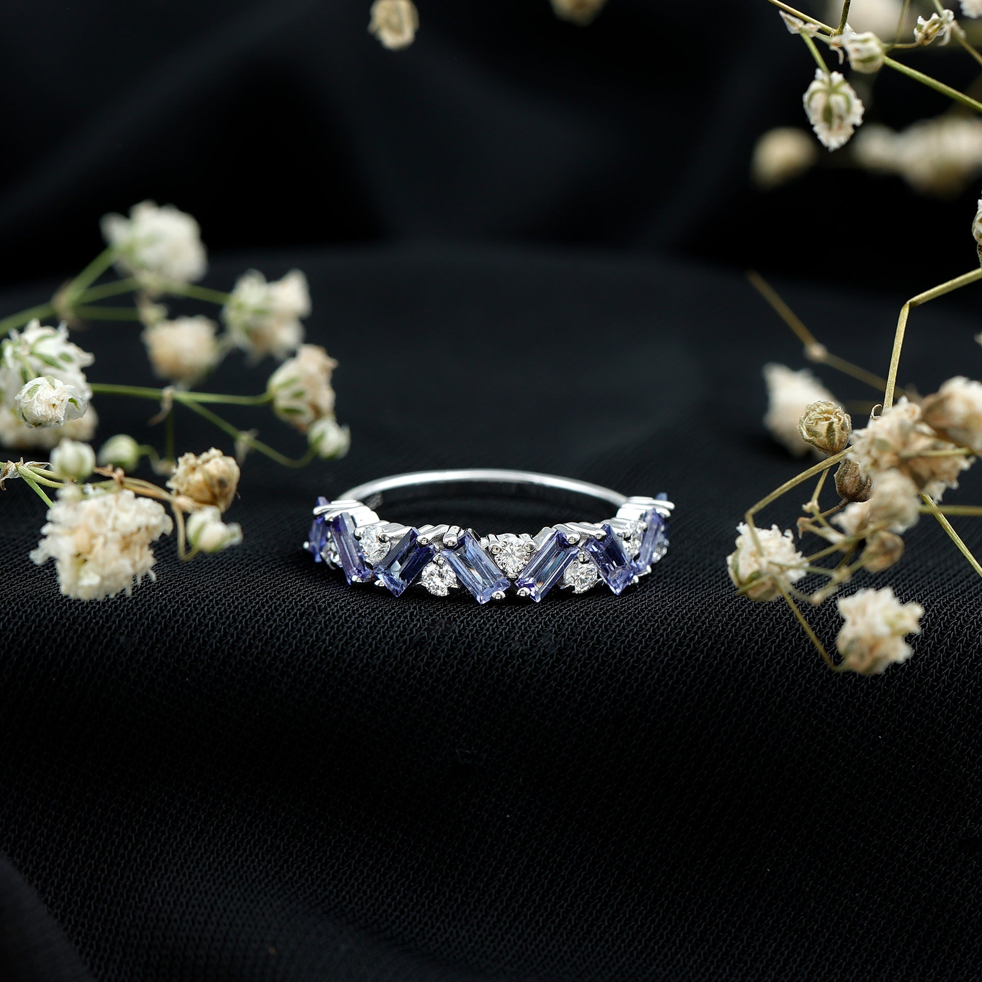 Baguette Cut Tanzanite and Diamond Half Eternity Stackable Ring AAA 92.5 Sterling Silver - Rosec Jewels