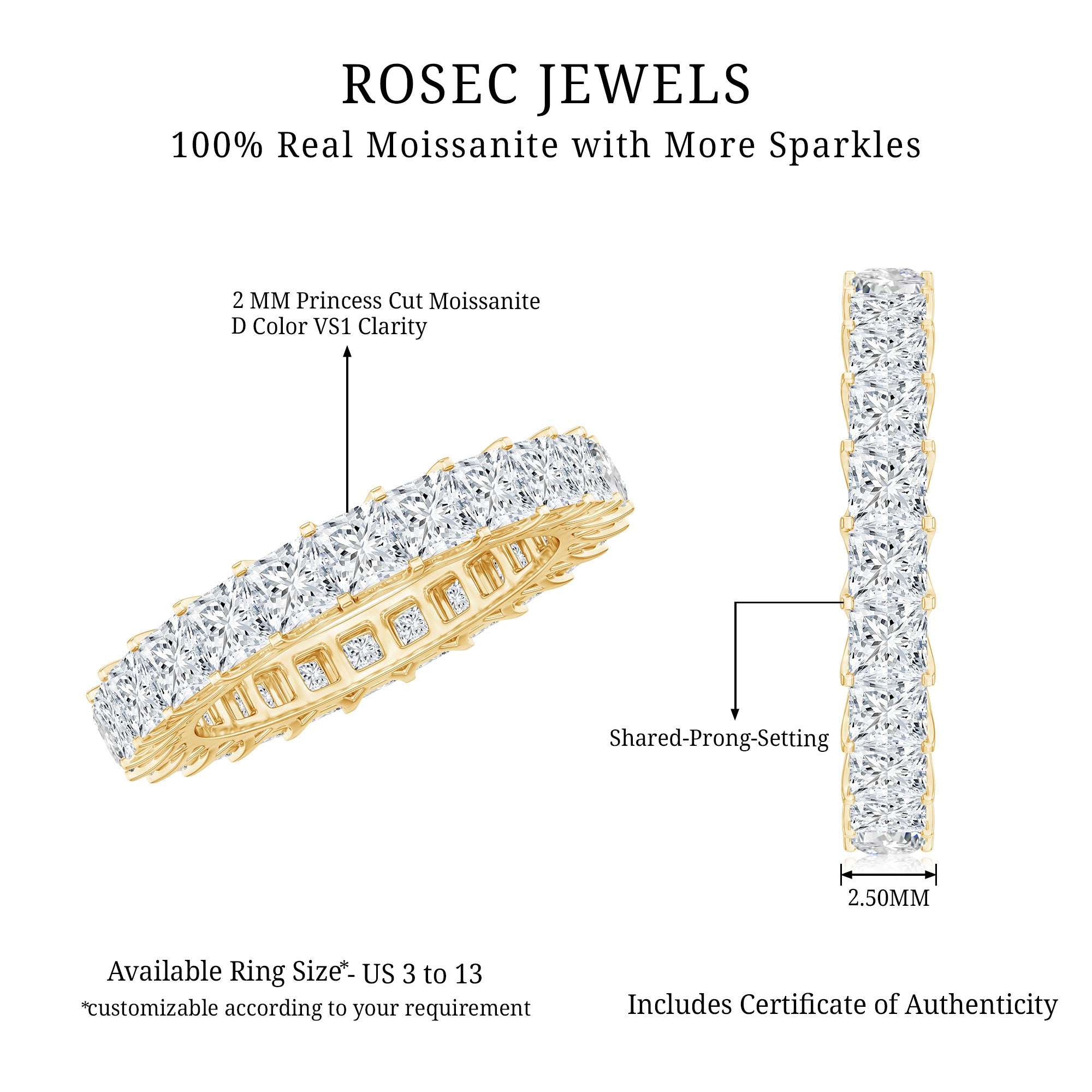 Princess Cut Moissanite Stackable Eternity Band Ring D-VS1 - Rosec Jewels
