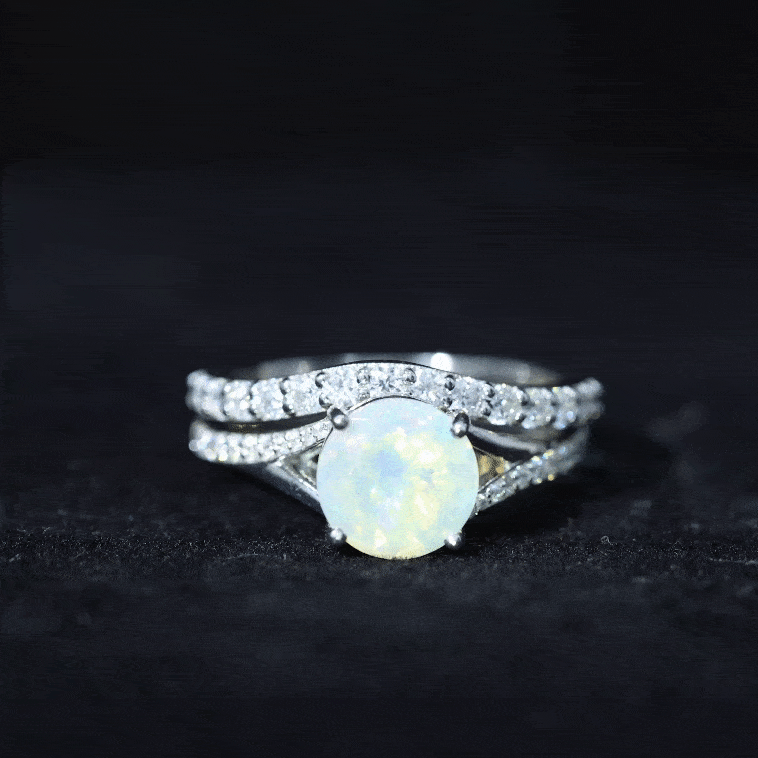 Natural Ethiopian Opal Split Shank Engagement Ring with Wedding Band AAA - Rosec Jewels