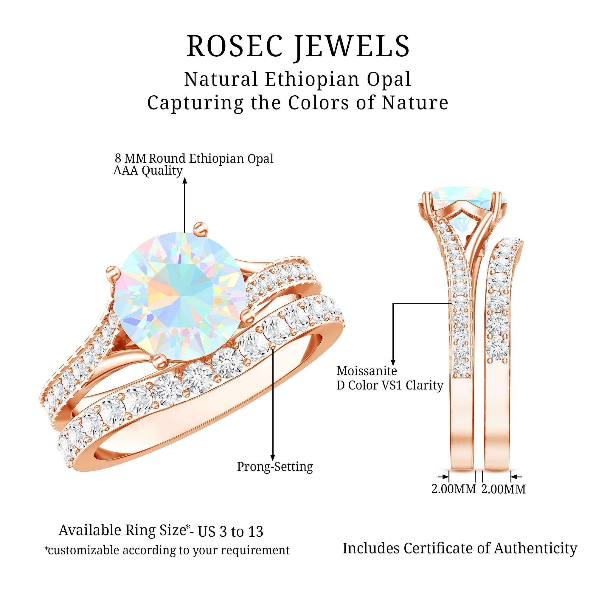 Natural Ethiopian Opal Split Shank Engagement Ring with Wedding Band AAA - Rosec Jewels
