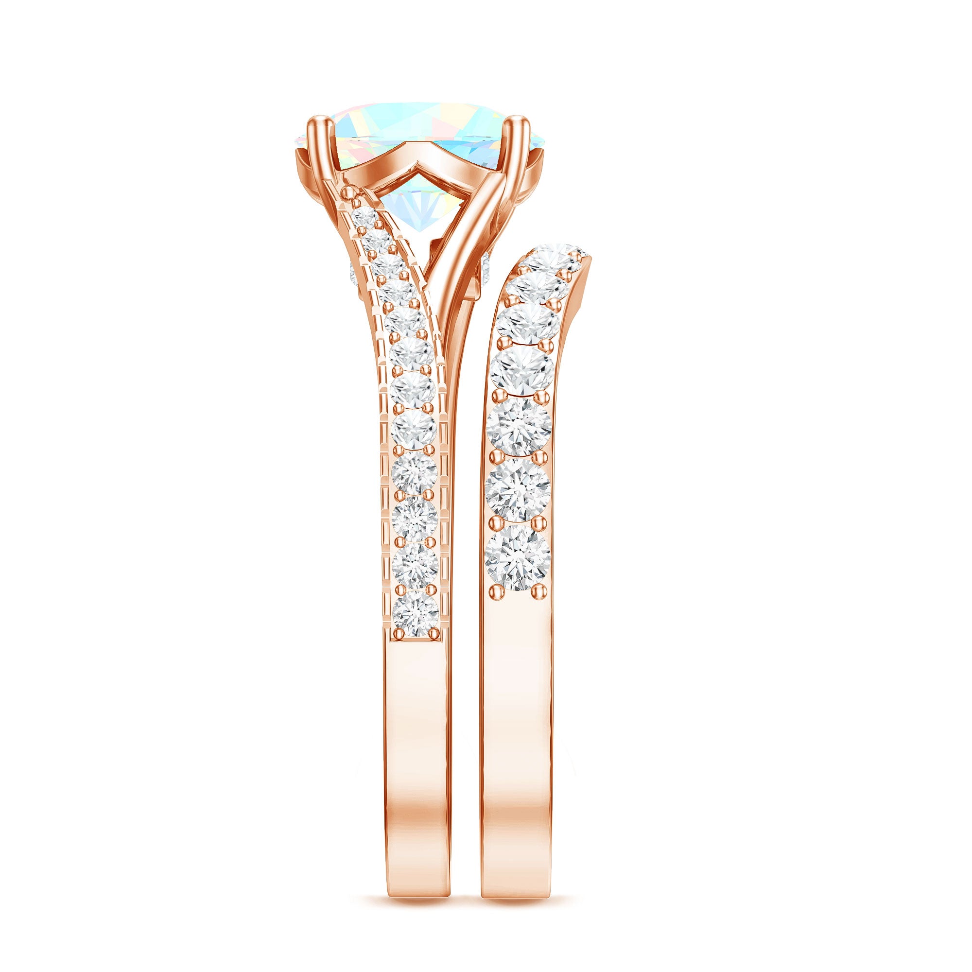 Natural Ethiopian Opal Split Shank Engagement Ring with Wedding Band AAA - Rosec Jewels