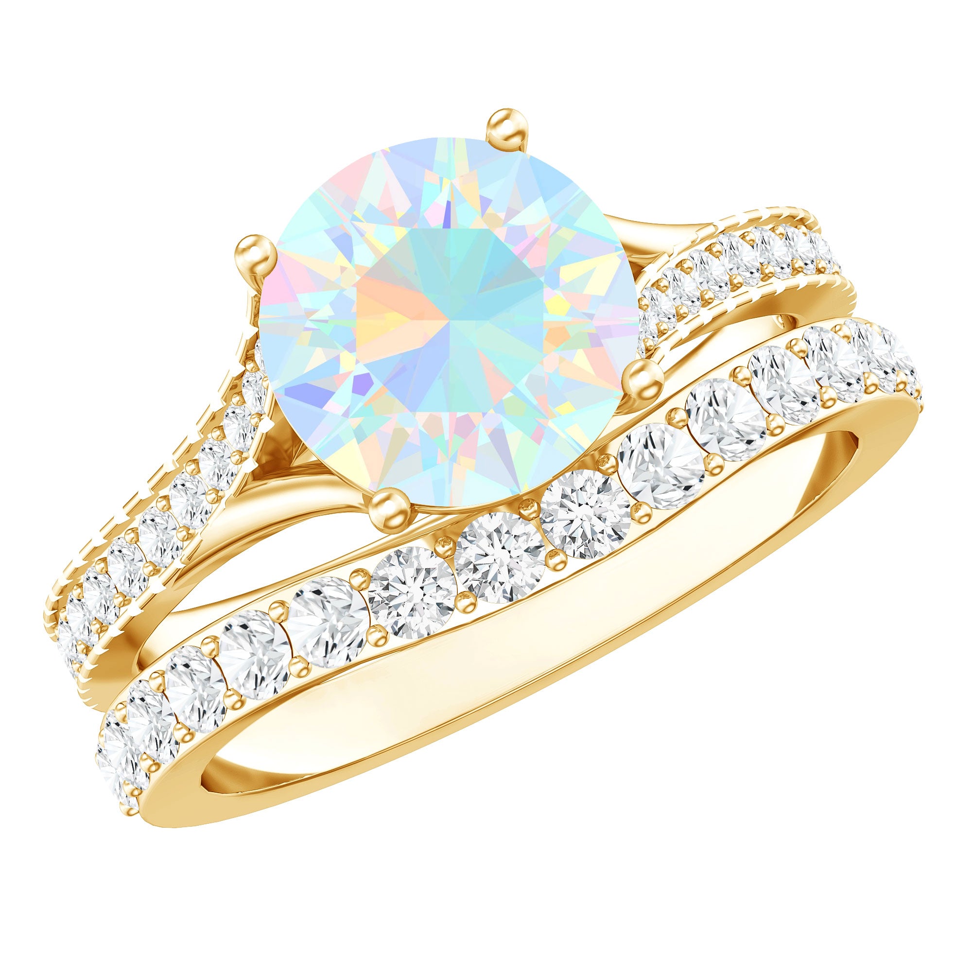 Natural Ethiopian Opal Split Shank Engagement Ring with Wedding Band AAA - Rosec Jewels