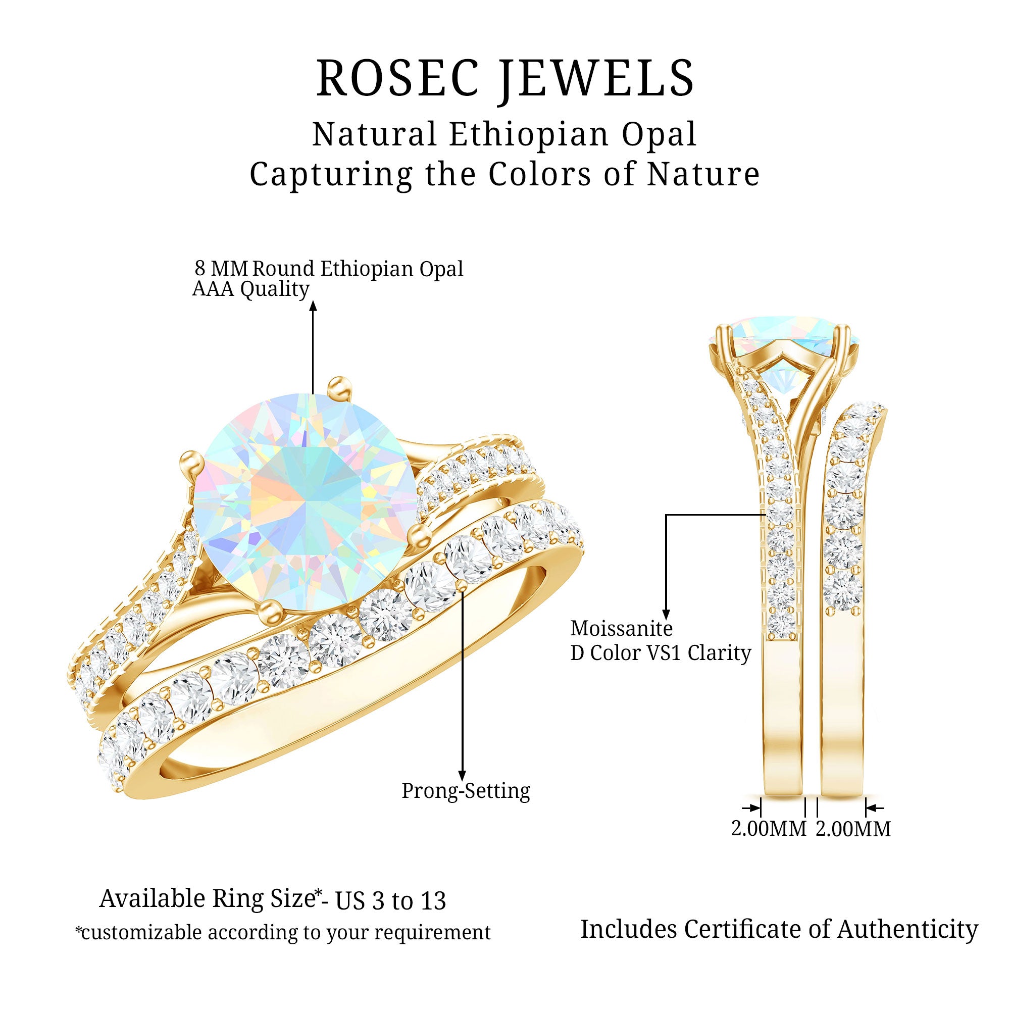Natural Ethiopian Opal Split Shank Engagement Ring with Wedding Band AAA - Rosec Jewels
