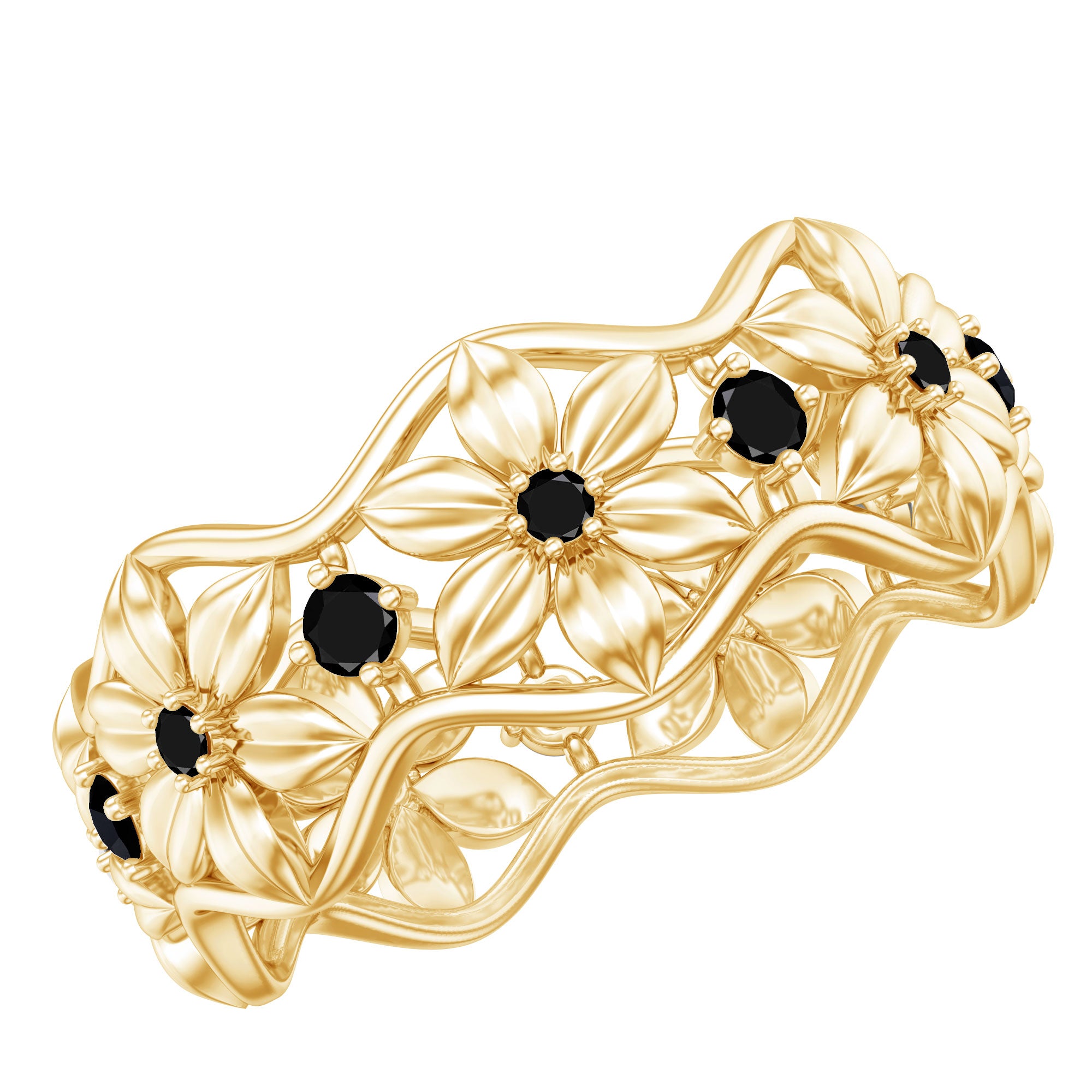 Natural Black Spinel Flower Band Ring for Women AAA - Rosec Jewels