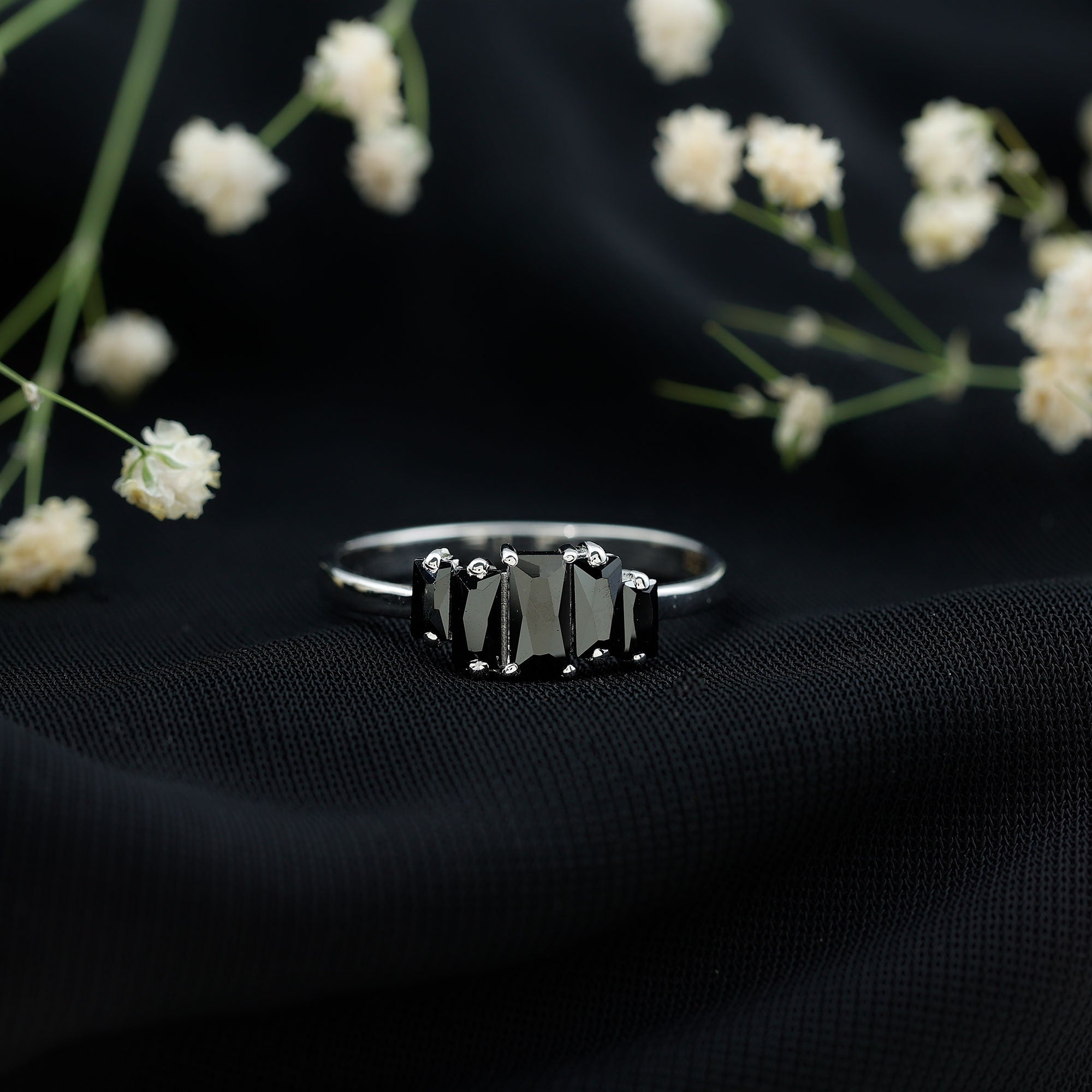 Baguette Cut Black Onyx 5 Stone Anniversary Ring AAA - Rosec Jewels