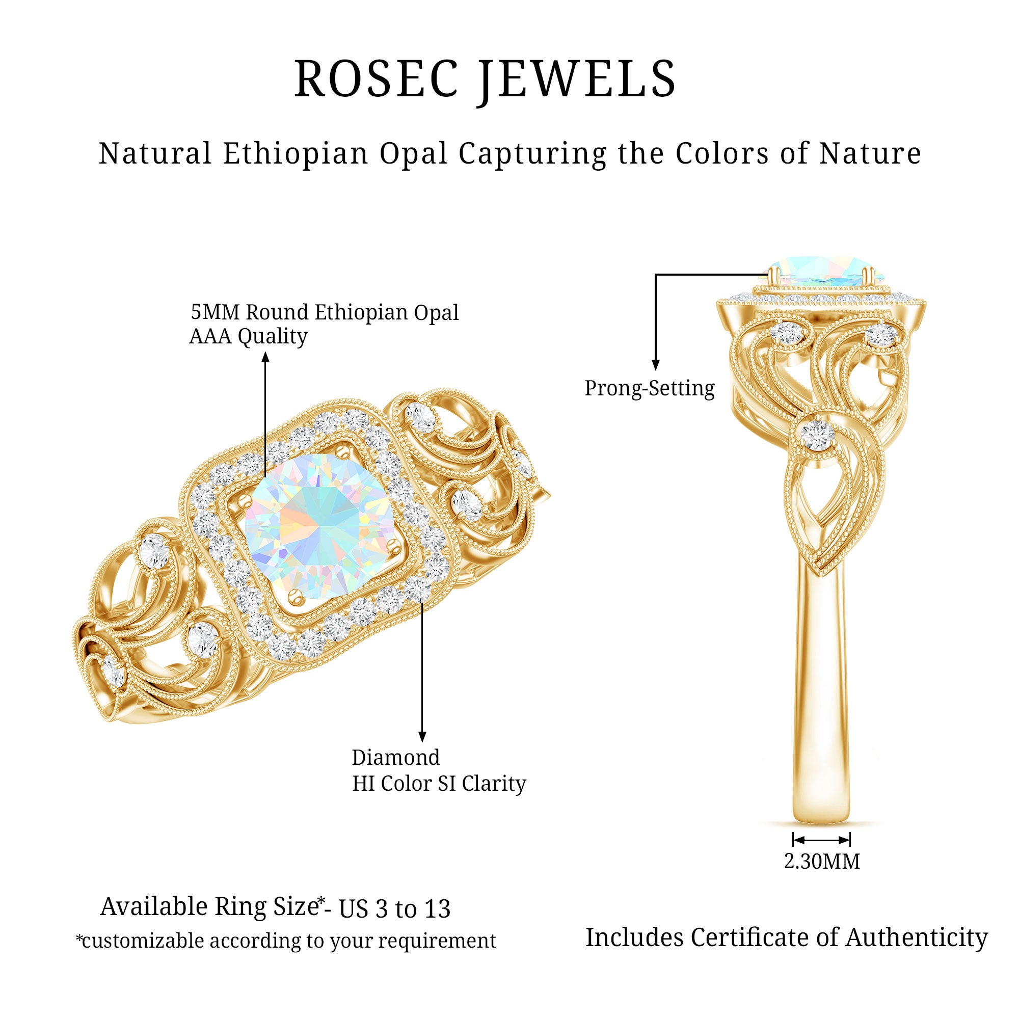 Certified Real Ethiopian Opal Retro Engagement Ring with Diamond AAA - Rosec Jewels