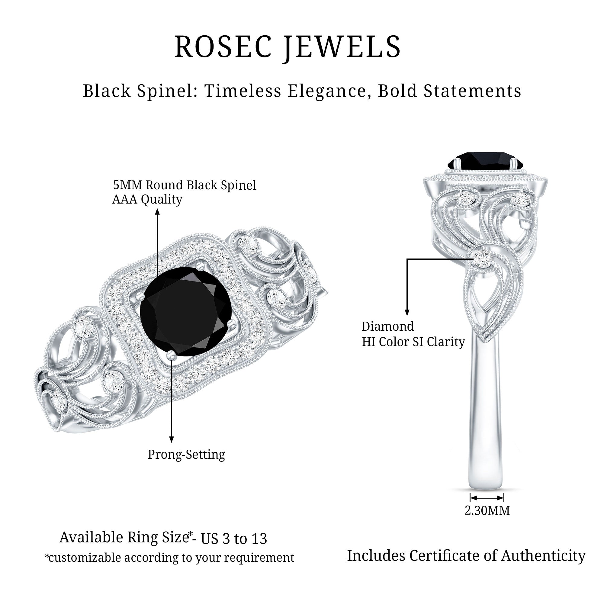 Natural Black Spinel Retro Engagement Ring with Diamond AAA - Rosec Jewels
