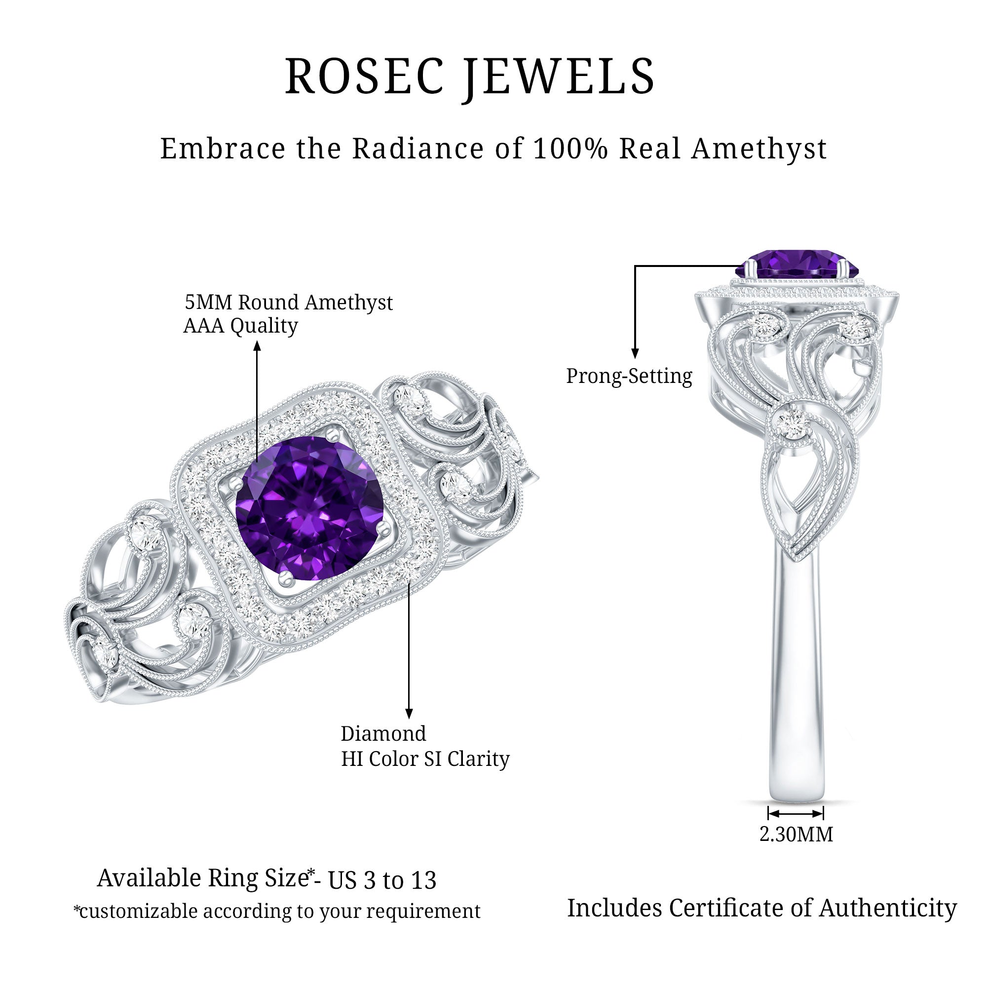 Vintage Inspired Real Amethyst Engagement Ring with Diamond AAA - Rosec Jewels