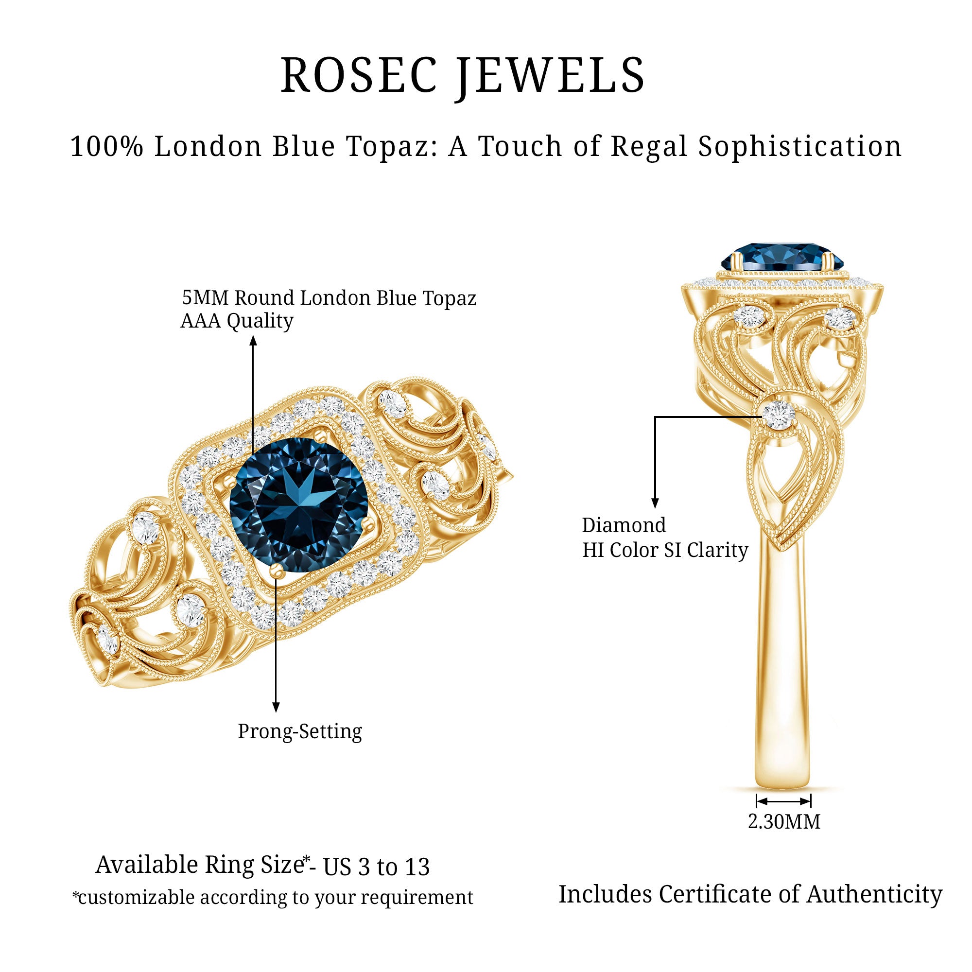 Certified London Blue Topaz Art Deco Engagement Ring with Diamond Halo AAA - Rosec Jewels