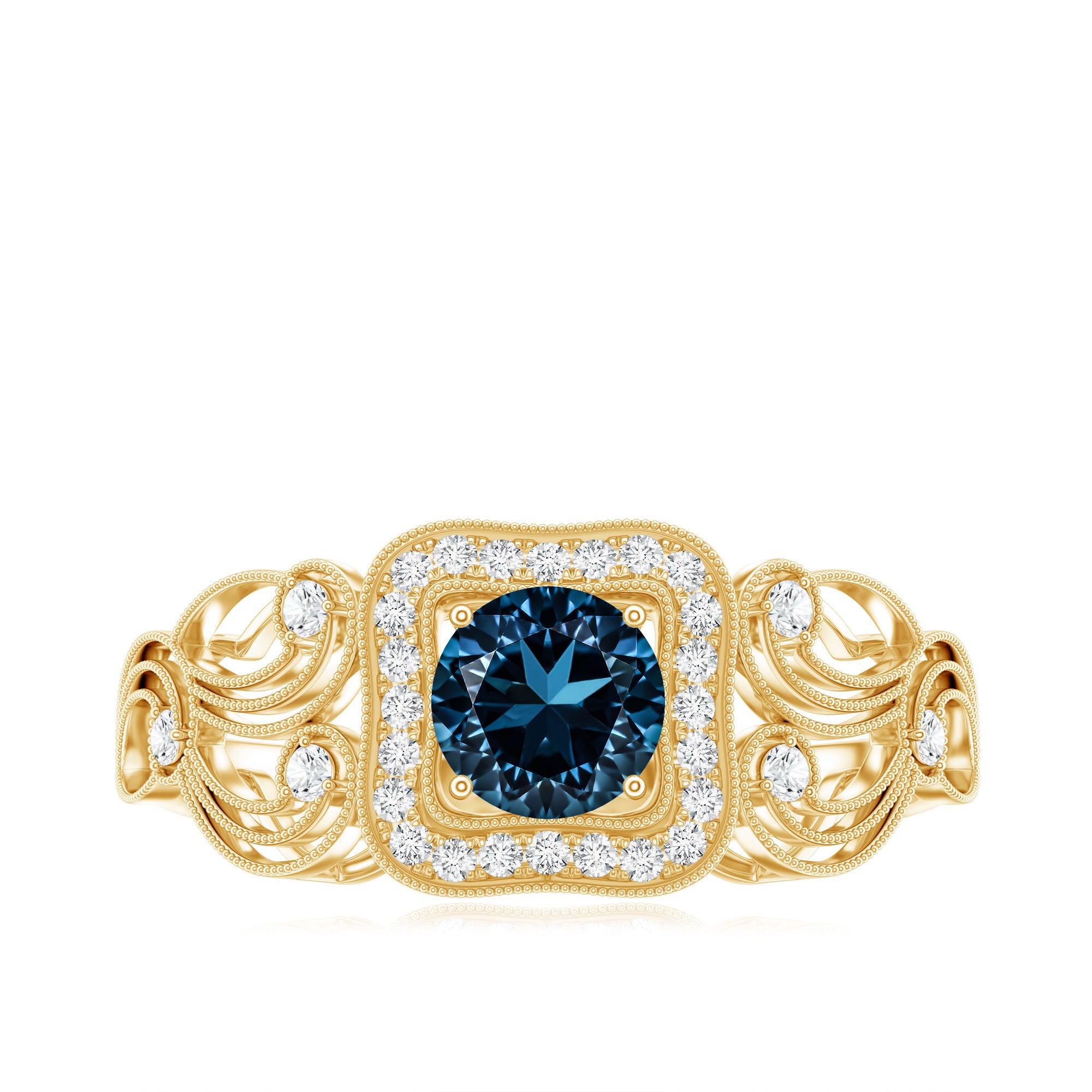 Certified London Blue Topaz Art Deco Engagement Ring with Diamond Halo AAA - Rosec Jewels