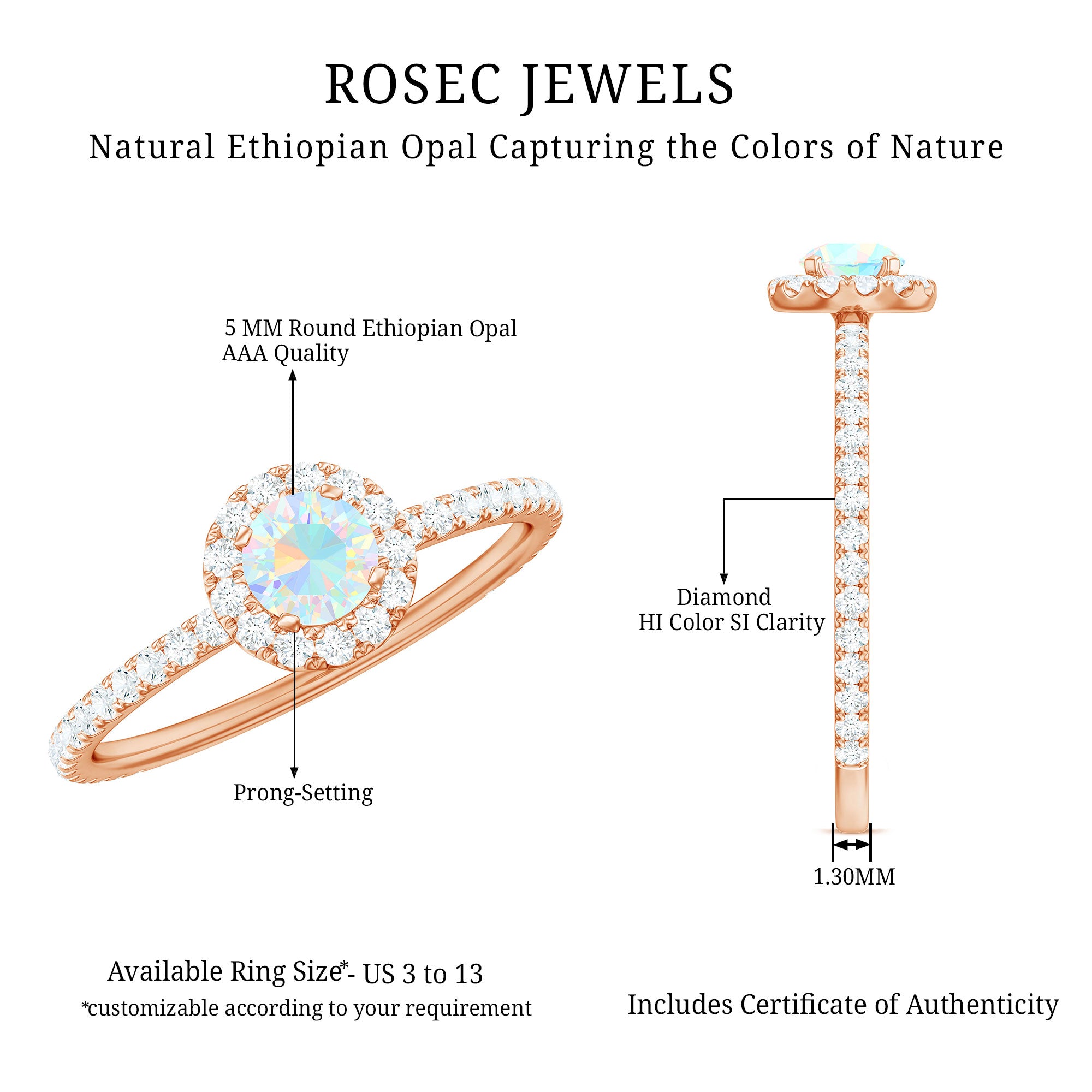 Natural Opalescent Promise Engagement Ring with Diamond Halo AAA - Rosec Jewels