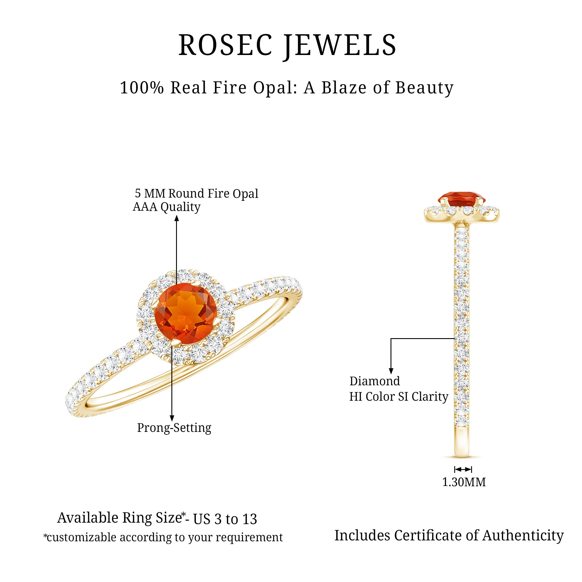 Rosec Jewels-Round Fire Opal Minimal Engagement Ring with Diamond