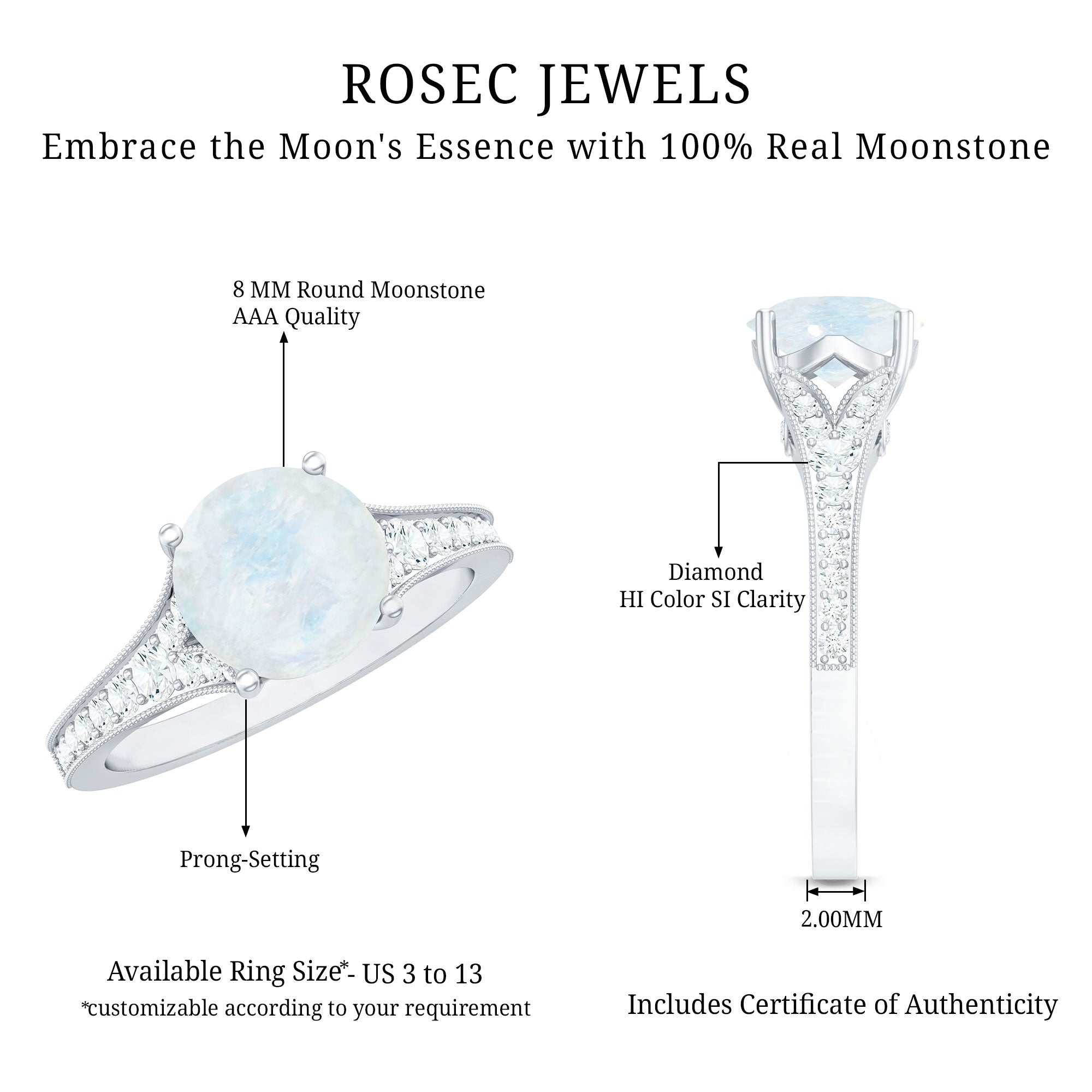 Rosec Jewels-Designer Moonstone Engagement Ring with Diamond Side Stones