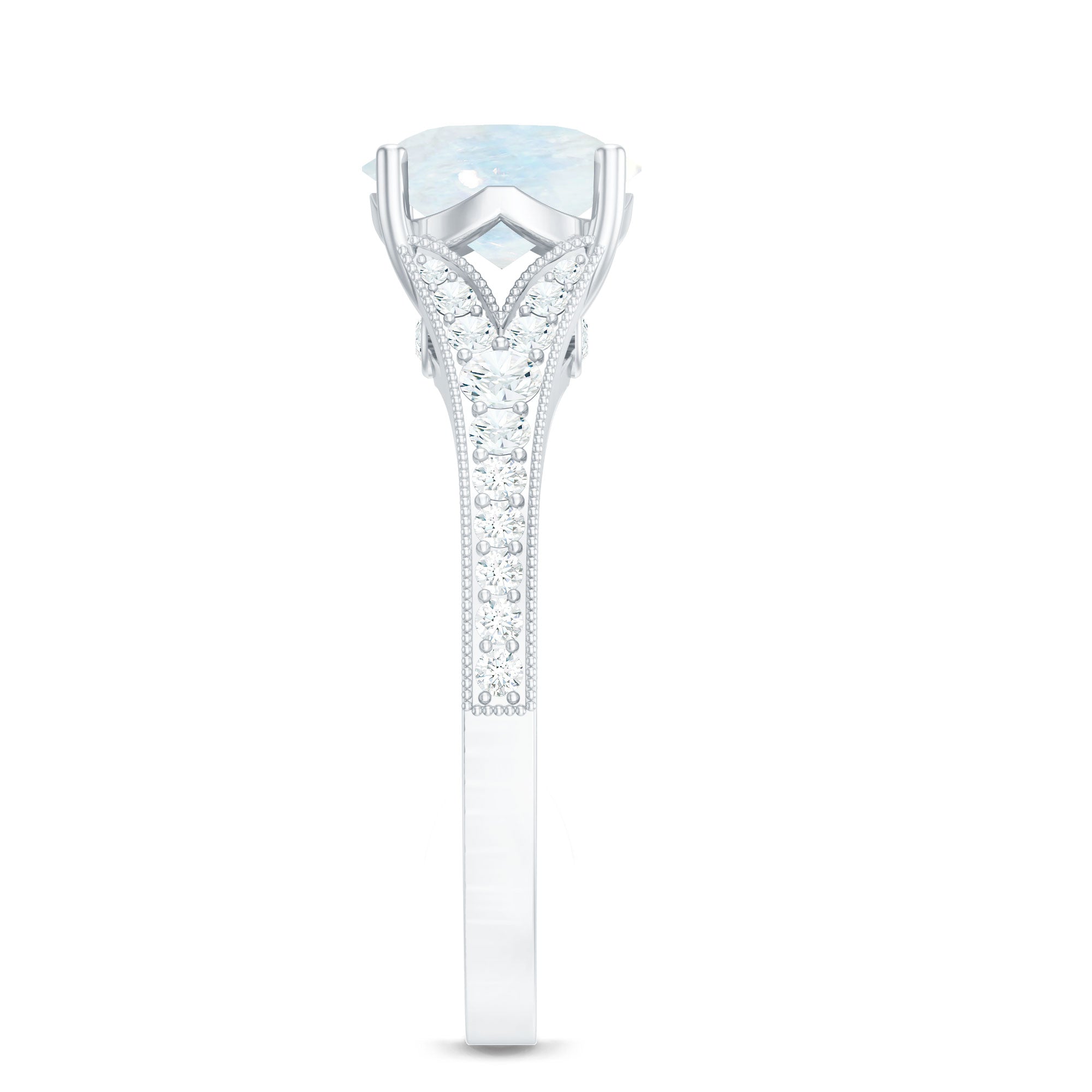 Rosec Jewels-Designer Moonstone Engagement Ring with Diamond Side Stones