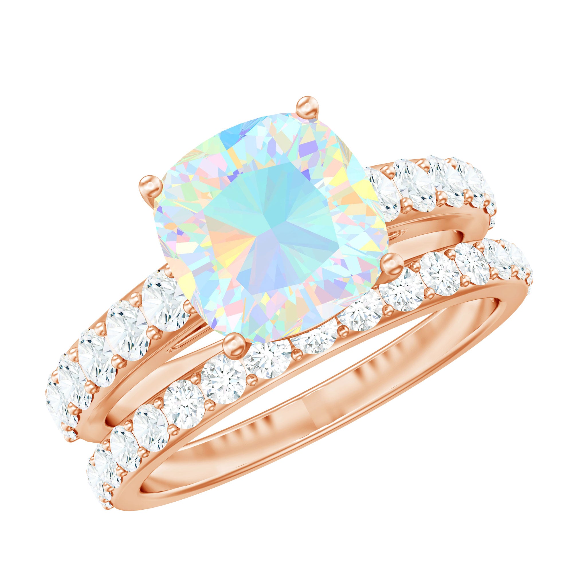 Certified Natural Ethiopian Opal Cushion Cut Engagement Ring with Wedding Band AAA - Rosec Jewels