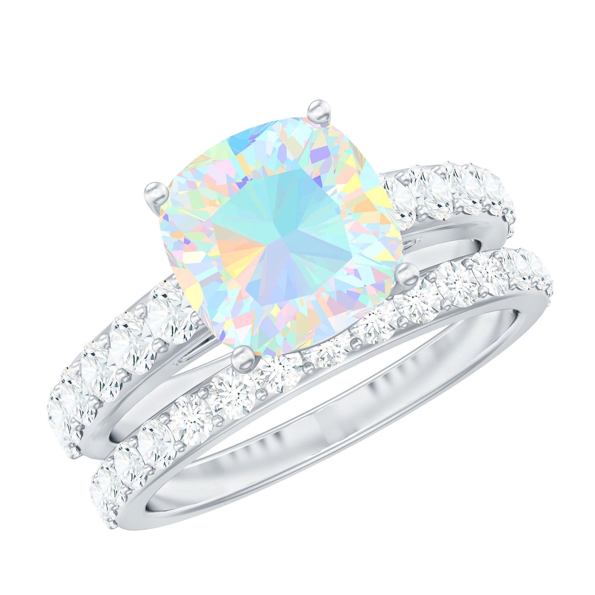 Certified Natural Ethiopian Opal Cushion Cut Engagement Ring with Wedding Band