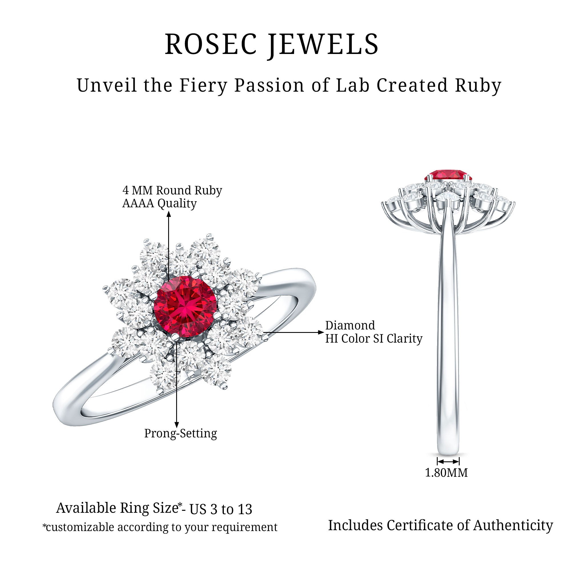 Lab Grown Ruby and Diamond Flower Cluster Engagement Ring AAAA - Rosec Jewels