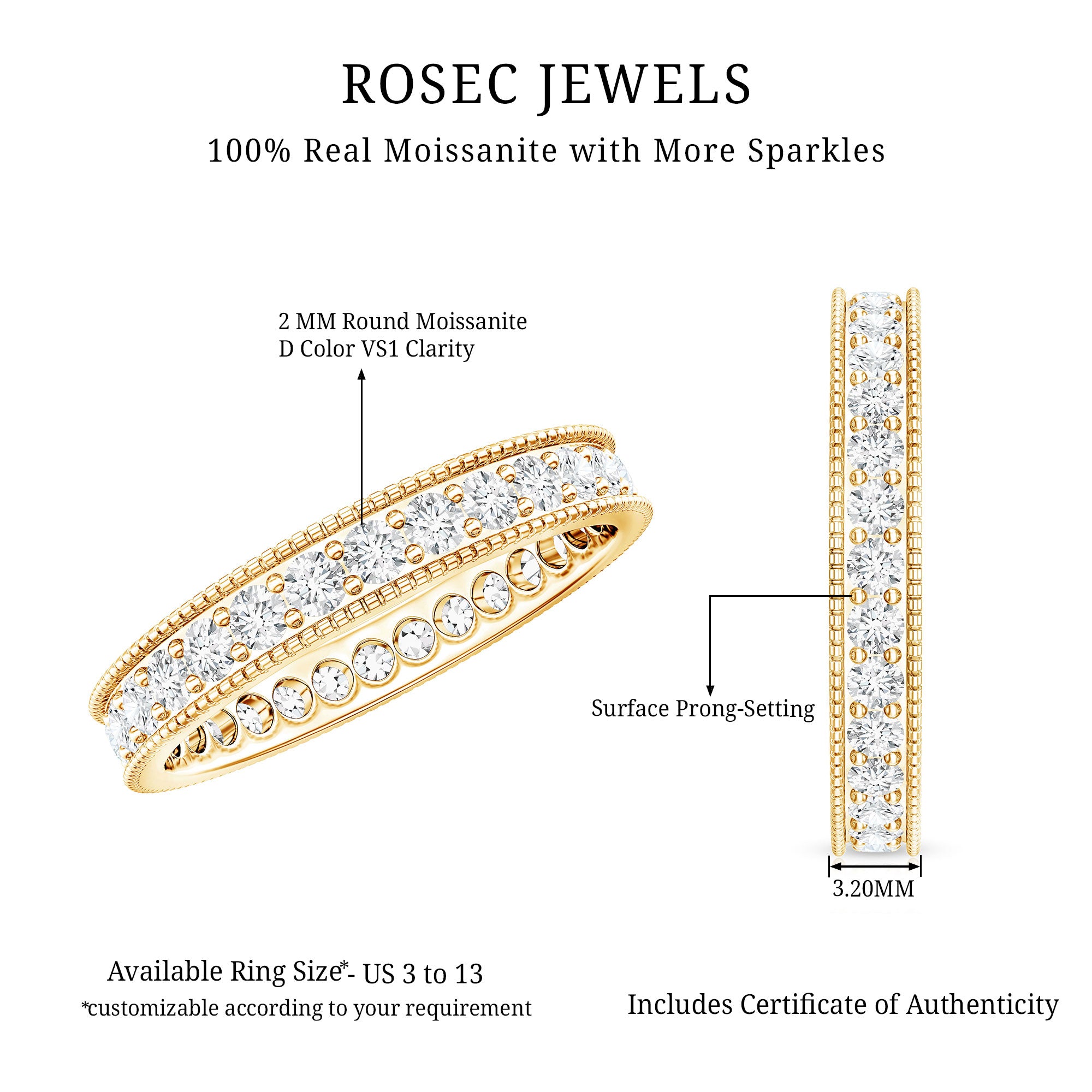 Moissanite Band Ring with Milgrain Detailing D-VS1 - Rosec Jewels