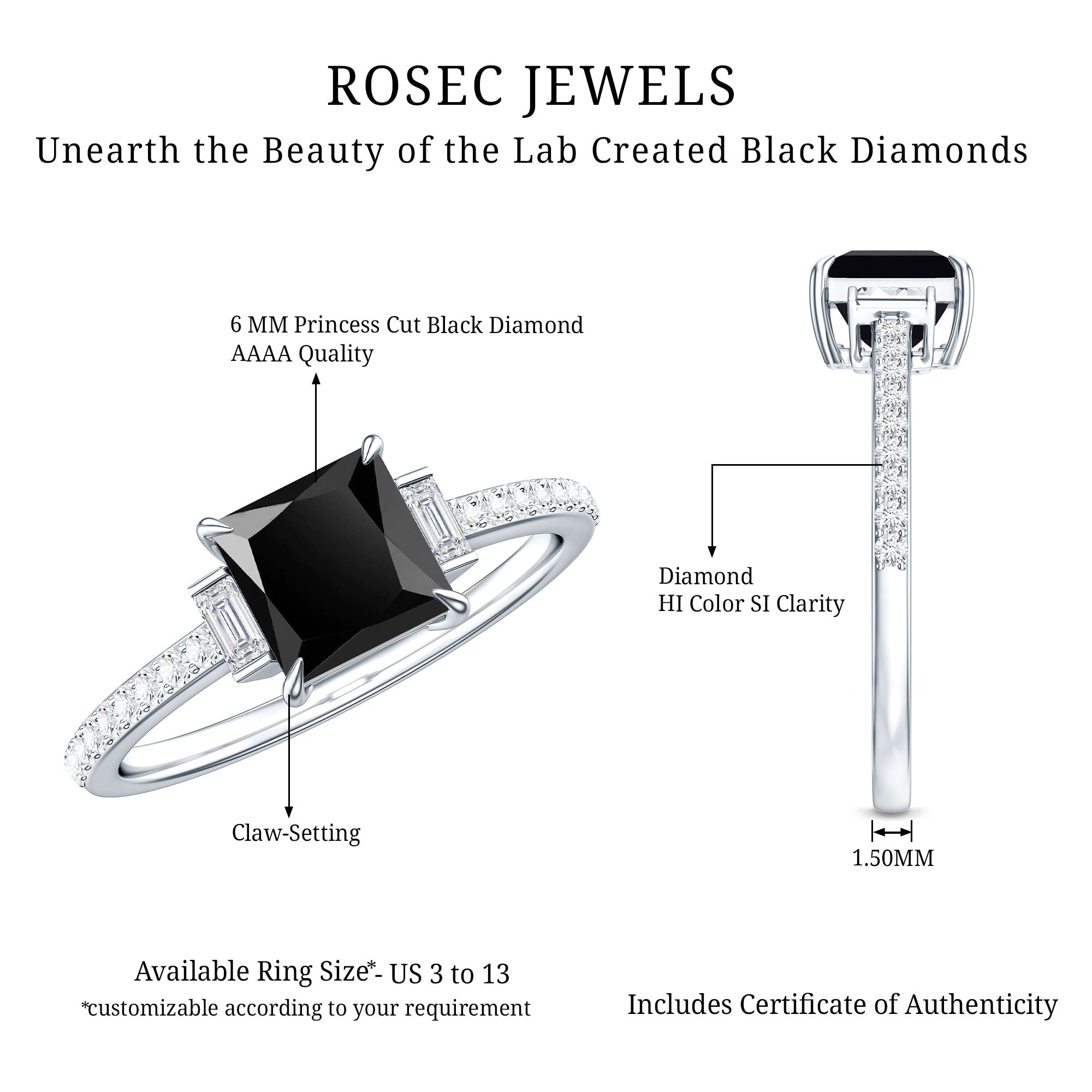 Certified 1 Carat Lab Grown Black and White Diamond Princess Cut Solitaire Engagement Ring AAAA ( Synthetic ) - Rosec Jewels