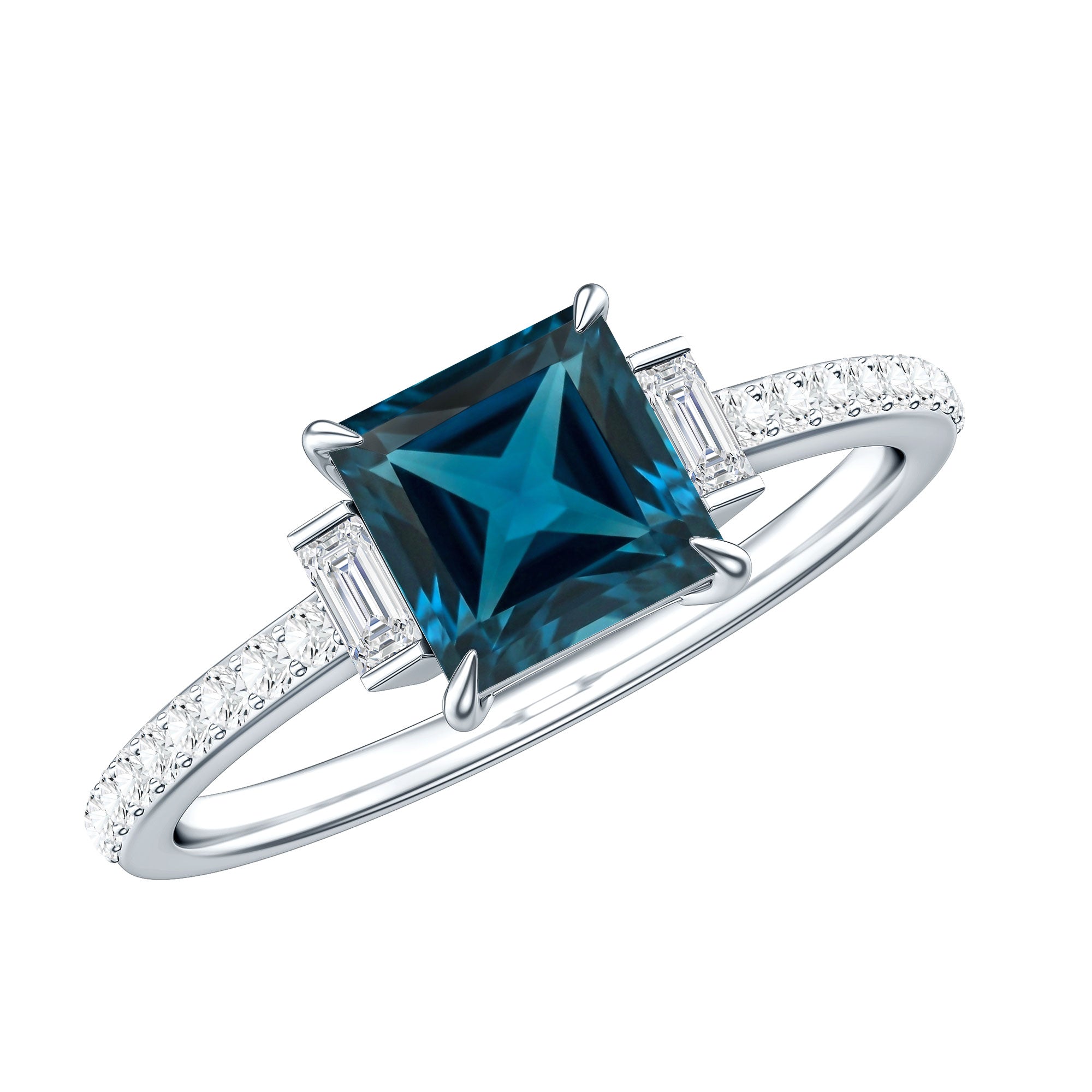 6mm Princess Cut London Blue Topaz Classic Engagement Ring with Diamond AAA - Rosec Jewels