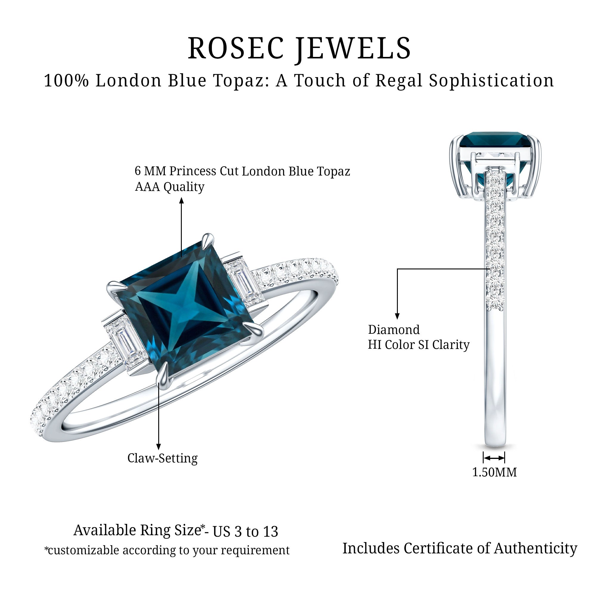 6mm Princess Cut London Blue Topaz Classic Engagement Ring with Diamond AAA - Rosec Jewels