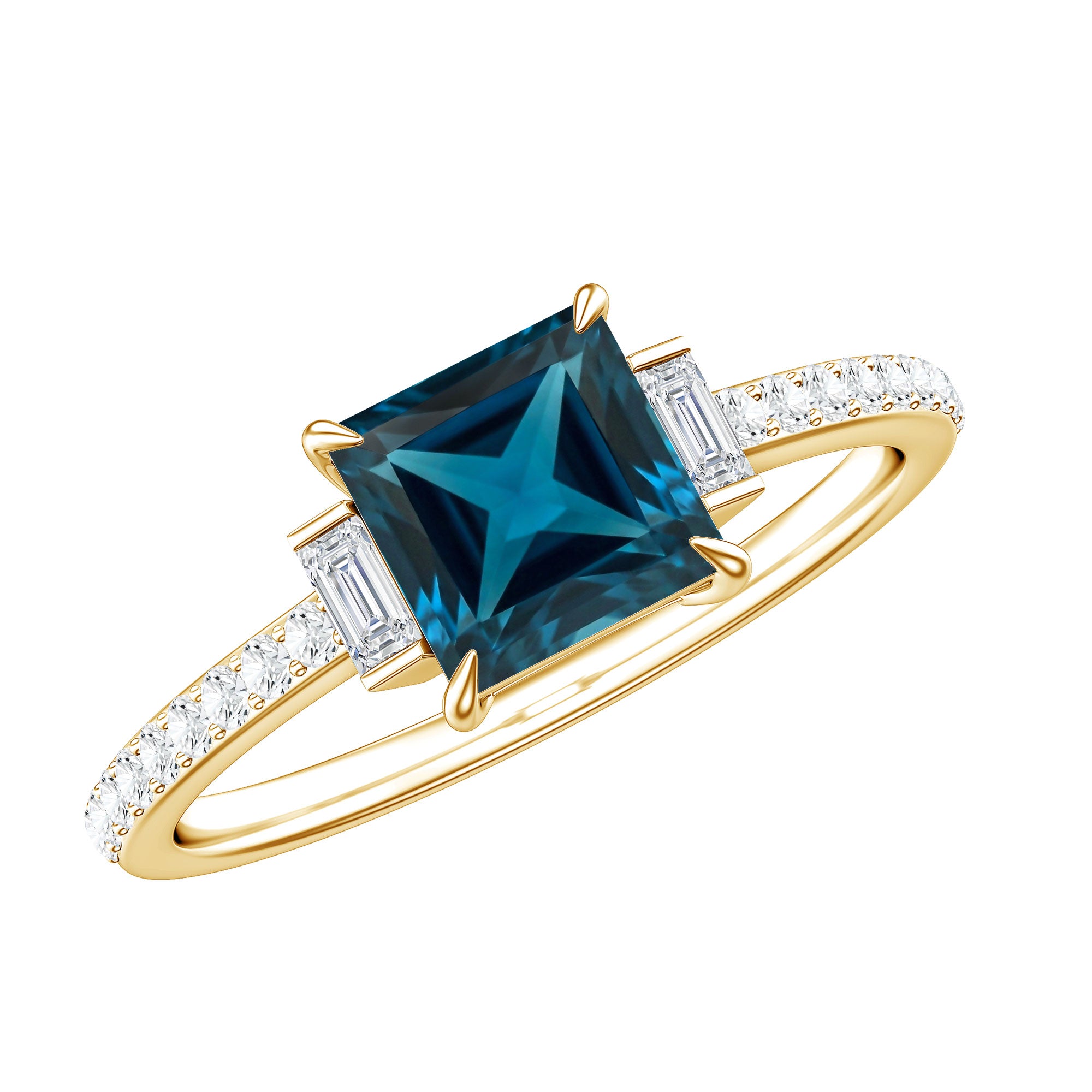 6mm Princess Cut London Blue Topaz Classic Engagement Ring with Diamond AAA - Rosec Jewels
