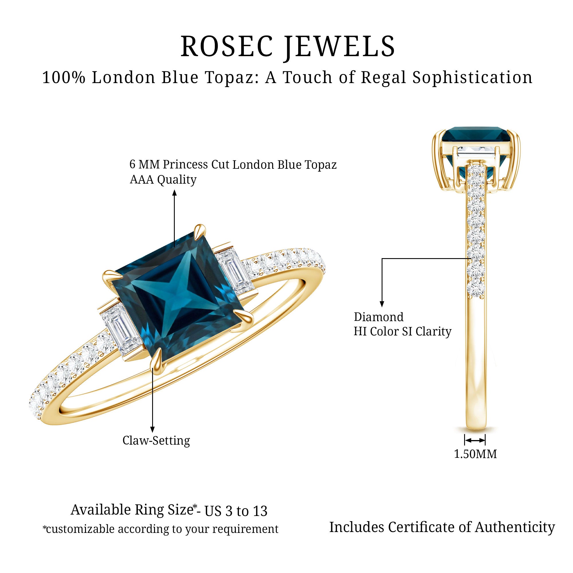 6mm Princess Cut London Blue Topaz Classic Engagement Ring with Diamond AAA - Rosec Jewels