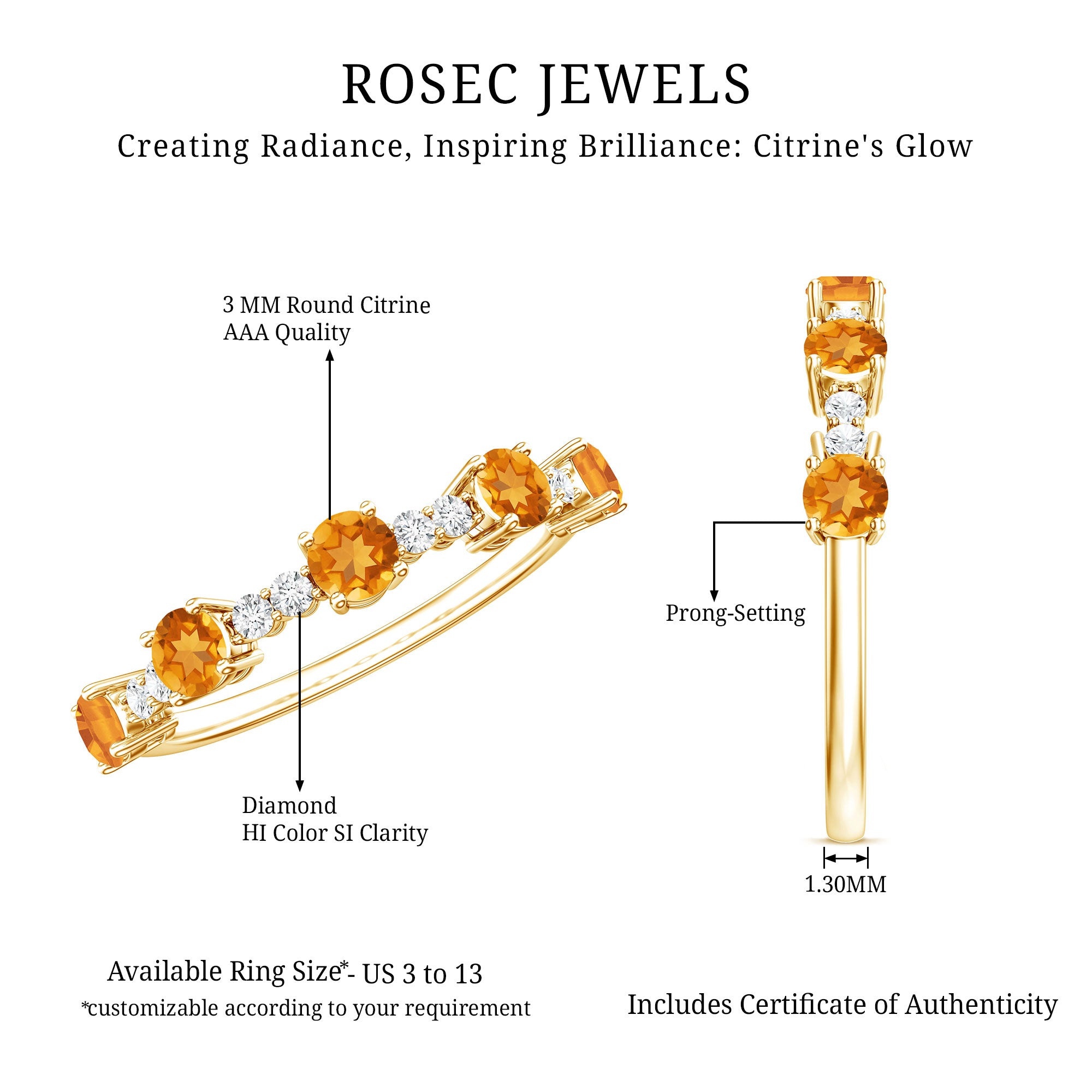 Natural Citrine Diamond Half Eternity Ring for Anniversary AAA - Rosec Jewels