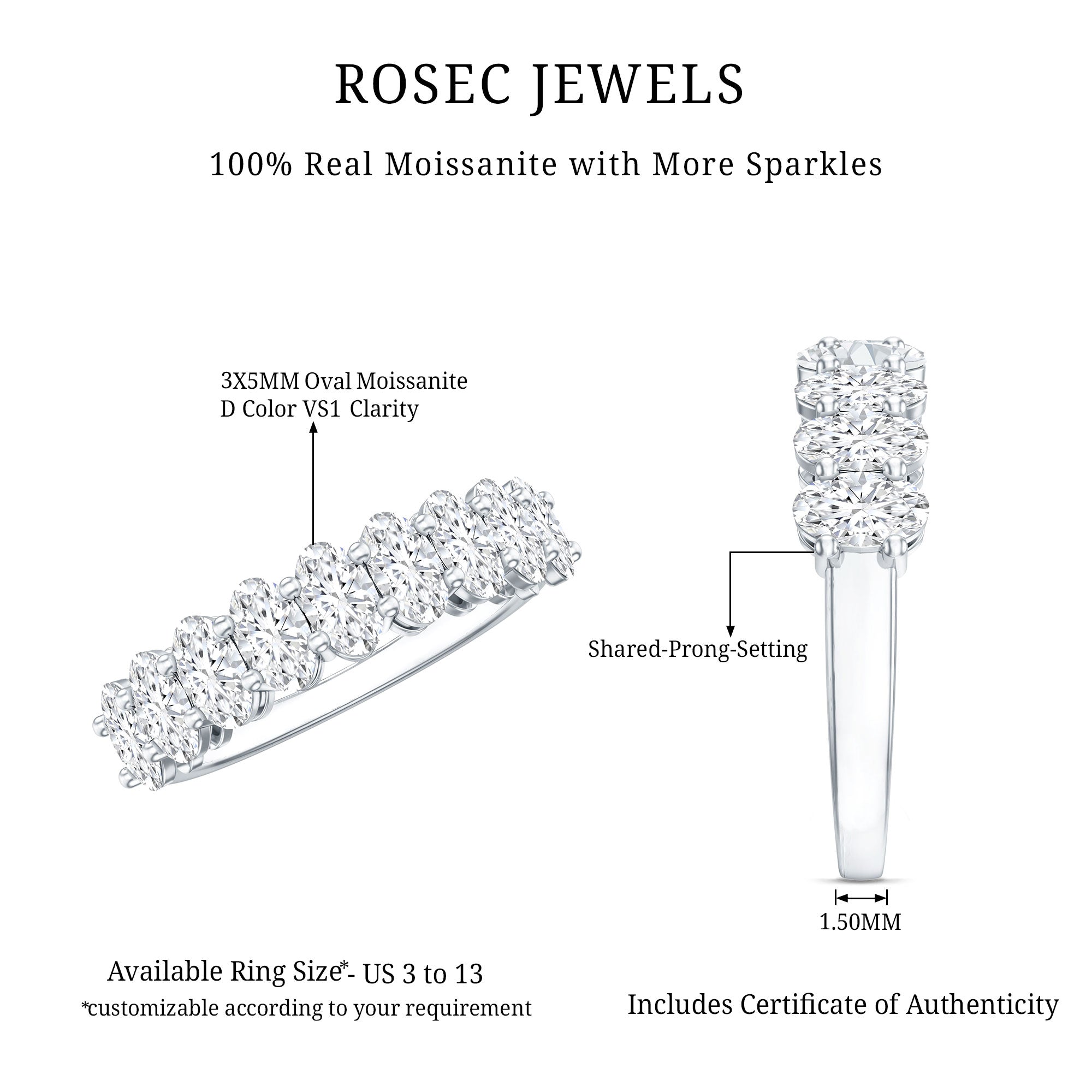 Oval Moissanite Half Eternity Wedding Band Ring D-VS1 - Rosec Jewels