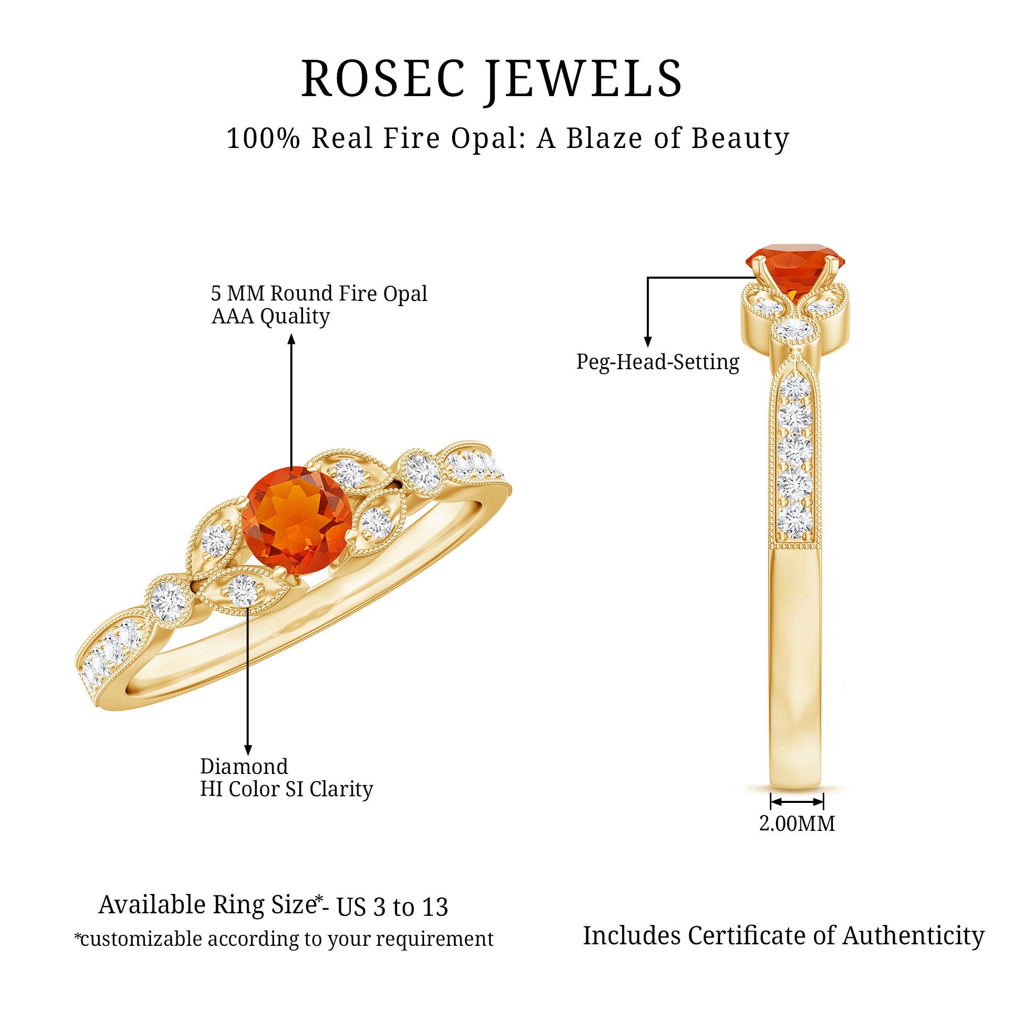 Minimal Fire Opal and Diamond Promise Ring AAA - Rosec Jewels