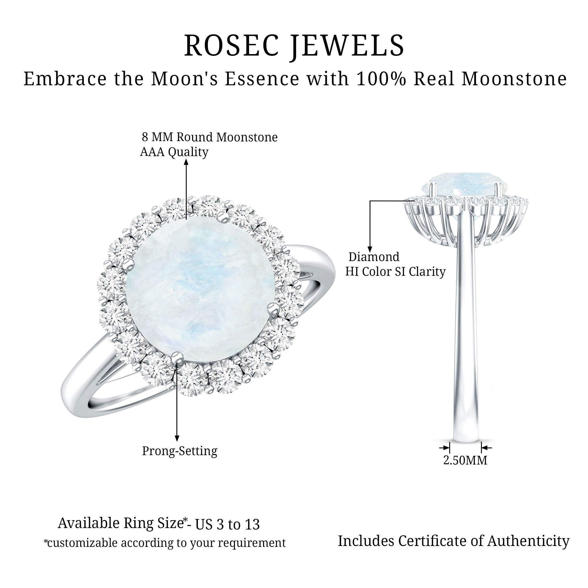 0.8 CT Round Moonstone Halo Engagement Ring with Diamond AAA - Rosec Jewels