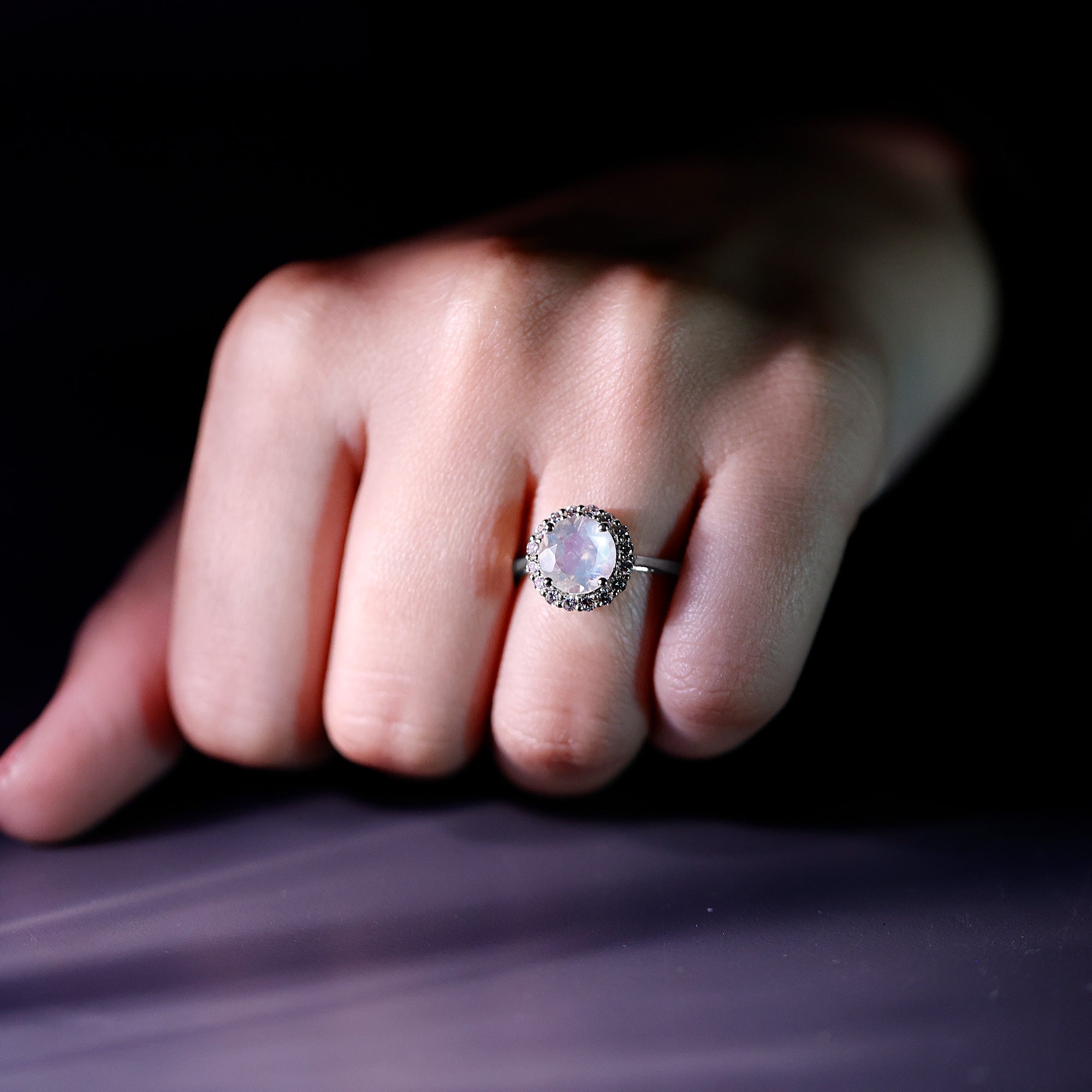 0.8 CT Round Moonstone Halo Engagement Ring with Diamond AAA - Rosec Jewels