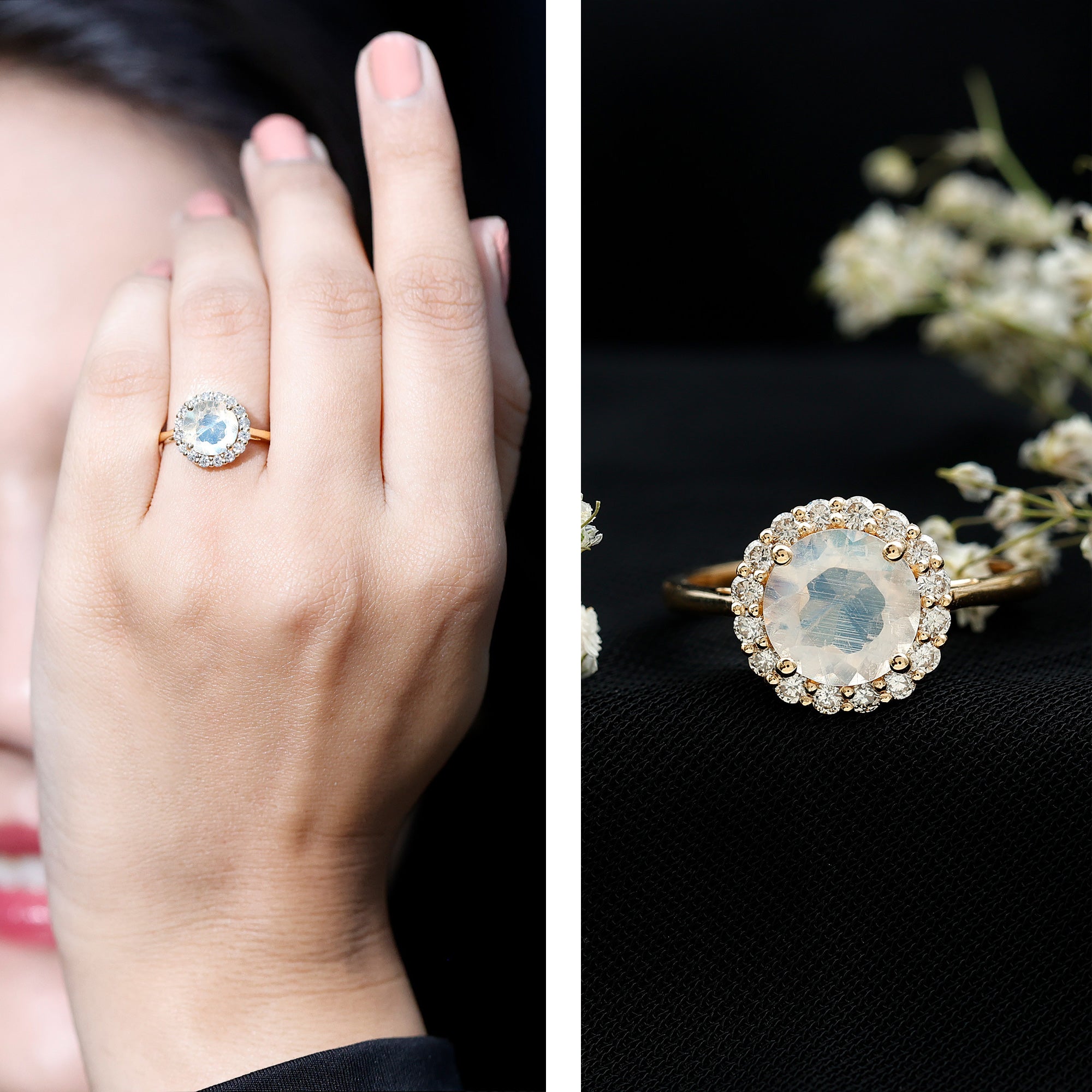 0.8 CT Round Moonstone Halo Engagement Ring with Diamond AAA - Rosec Jewels