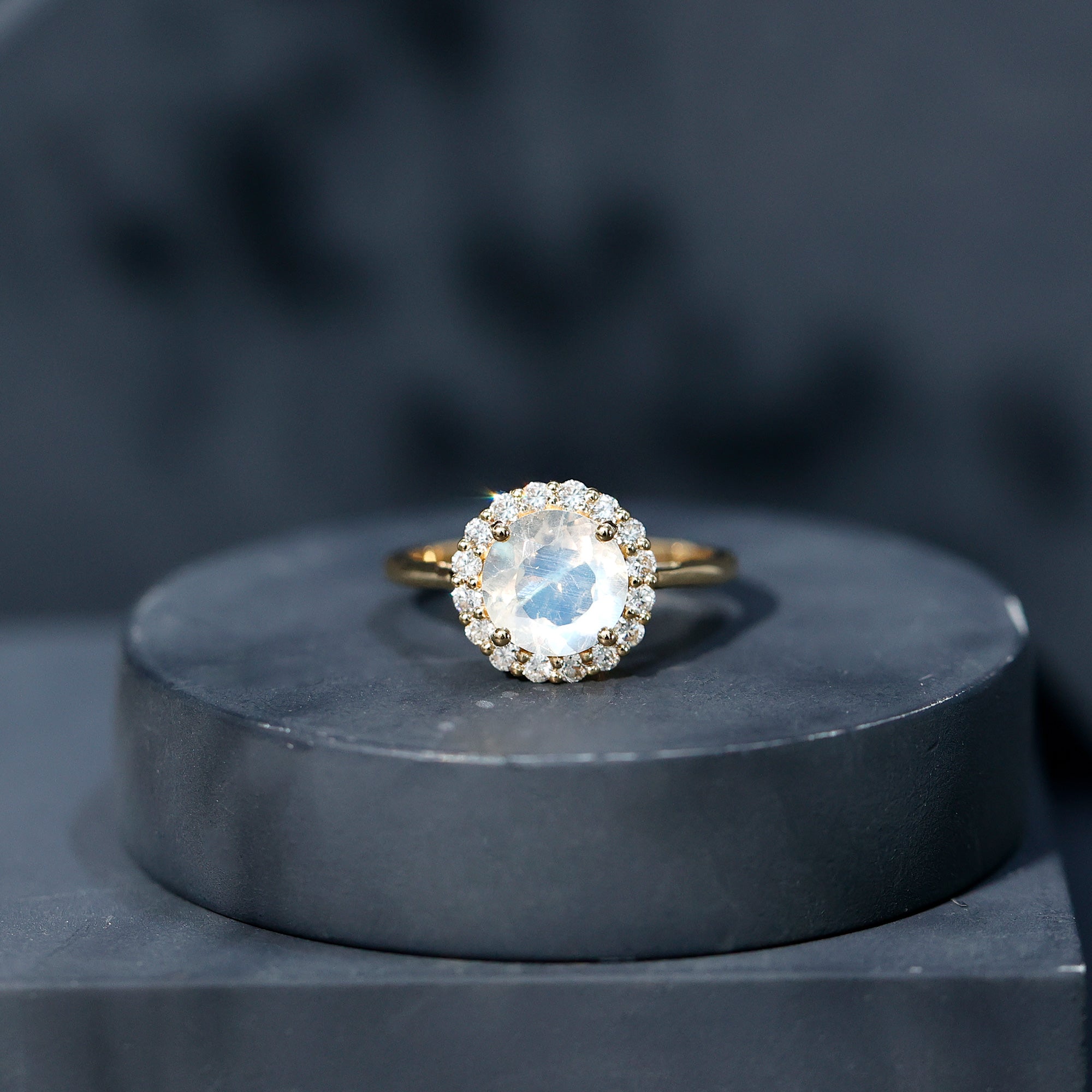 0.8 CT Round Moonstone Halo Engagement Ring with Diamond AAA - Rosec Jewels