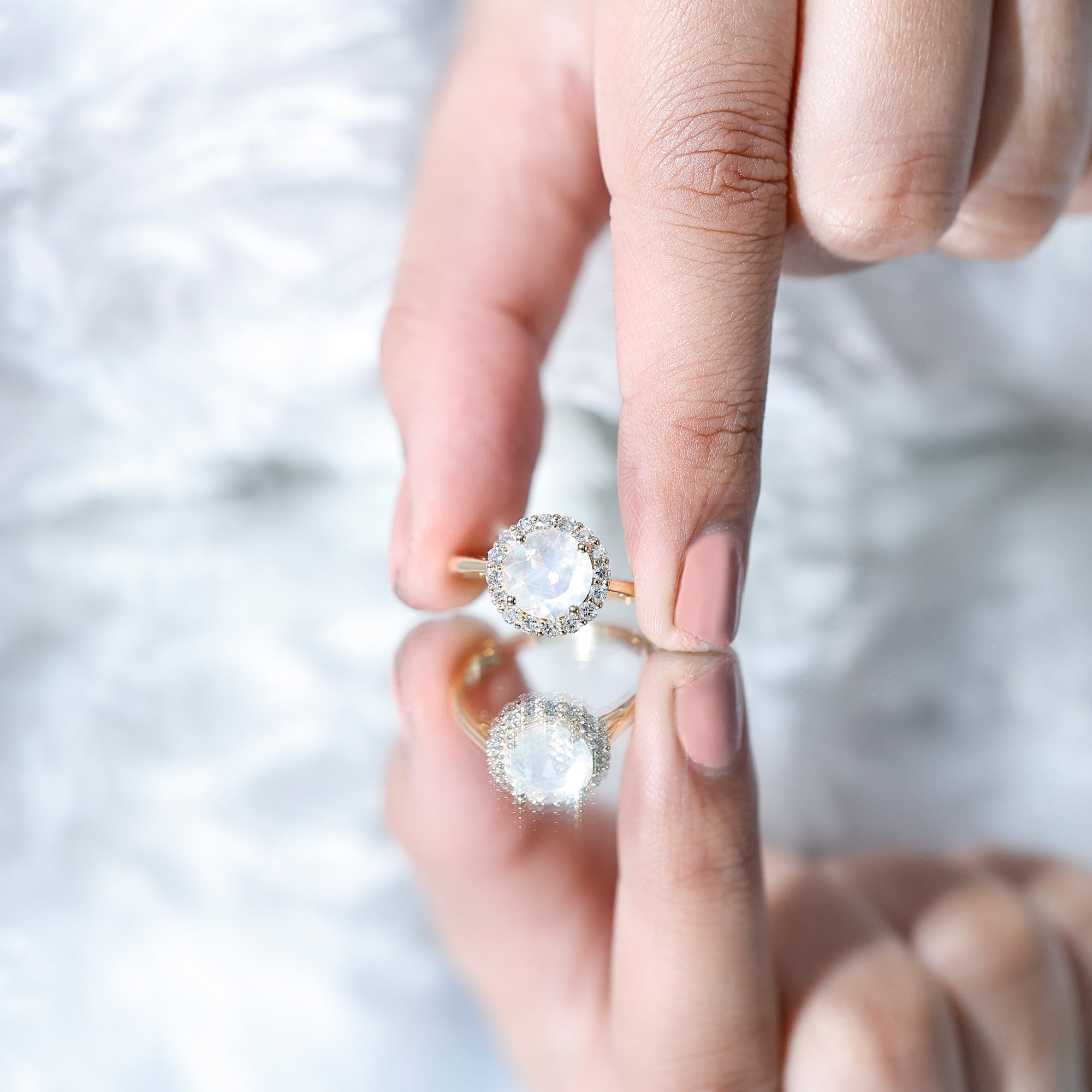 0.8 CT Round Moonstone Halo Engagement Ring with Diamond AAA - Rosec Jewels