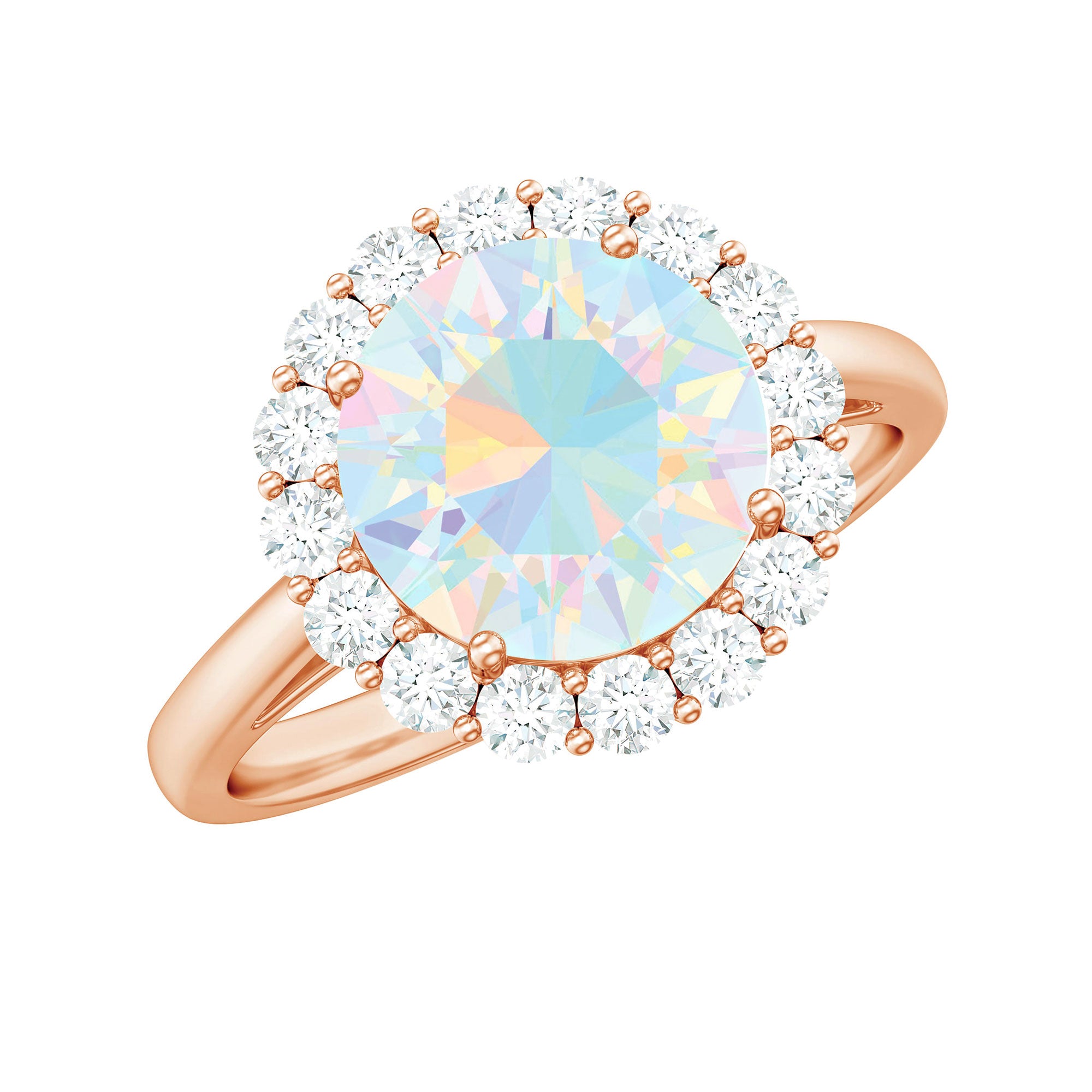 Certified Real 8mm Ethiopian Rainbow Opal Engagement Ring with Diamond Halo AAA - Rosec Jewels