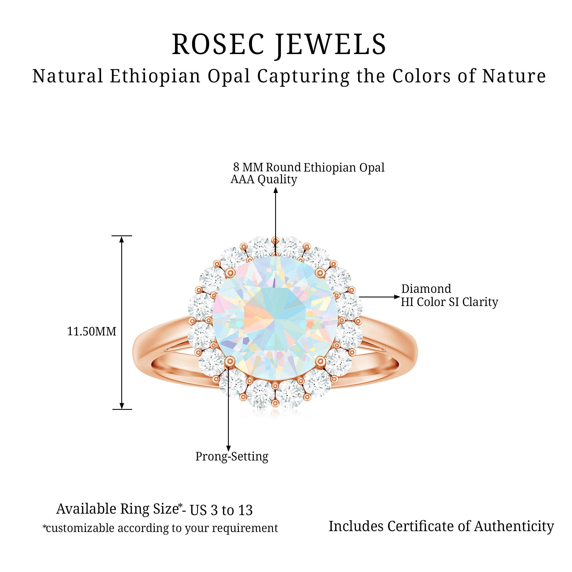 Certified Real 8mm Ethiopian Rainbow Opal Engagement Ring with Diamond Halo AAA - Rosec Jewels