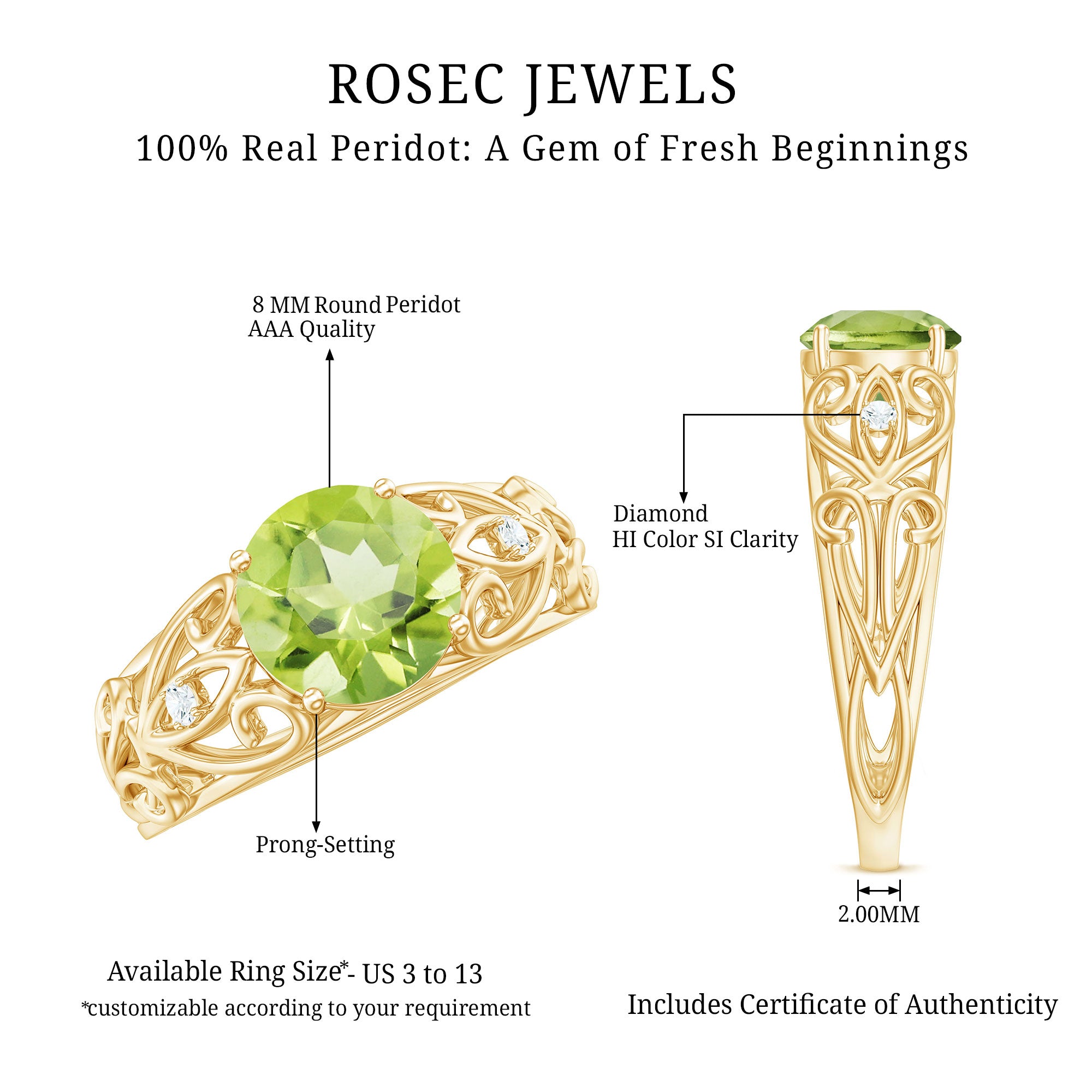 Antique Inspired 2 Carat Peridot Engagement Ring with Diamond AAA - Rosec Jewels