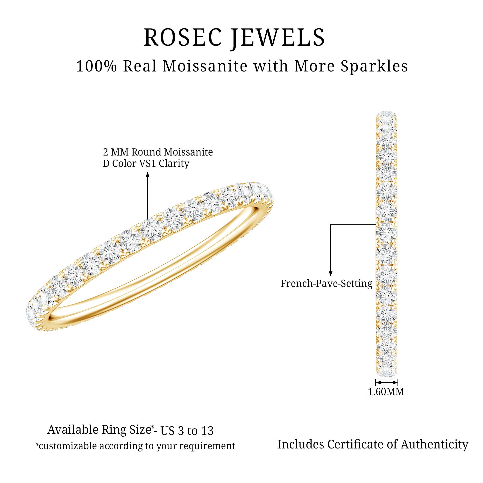 Certified French Pave Set Moissanite Stackable Full Eternity Ring D-VS1 - Rosec Jewels